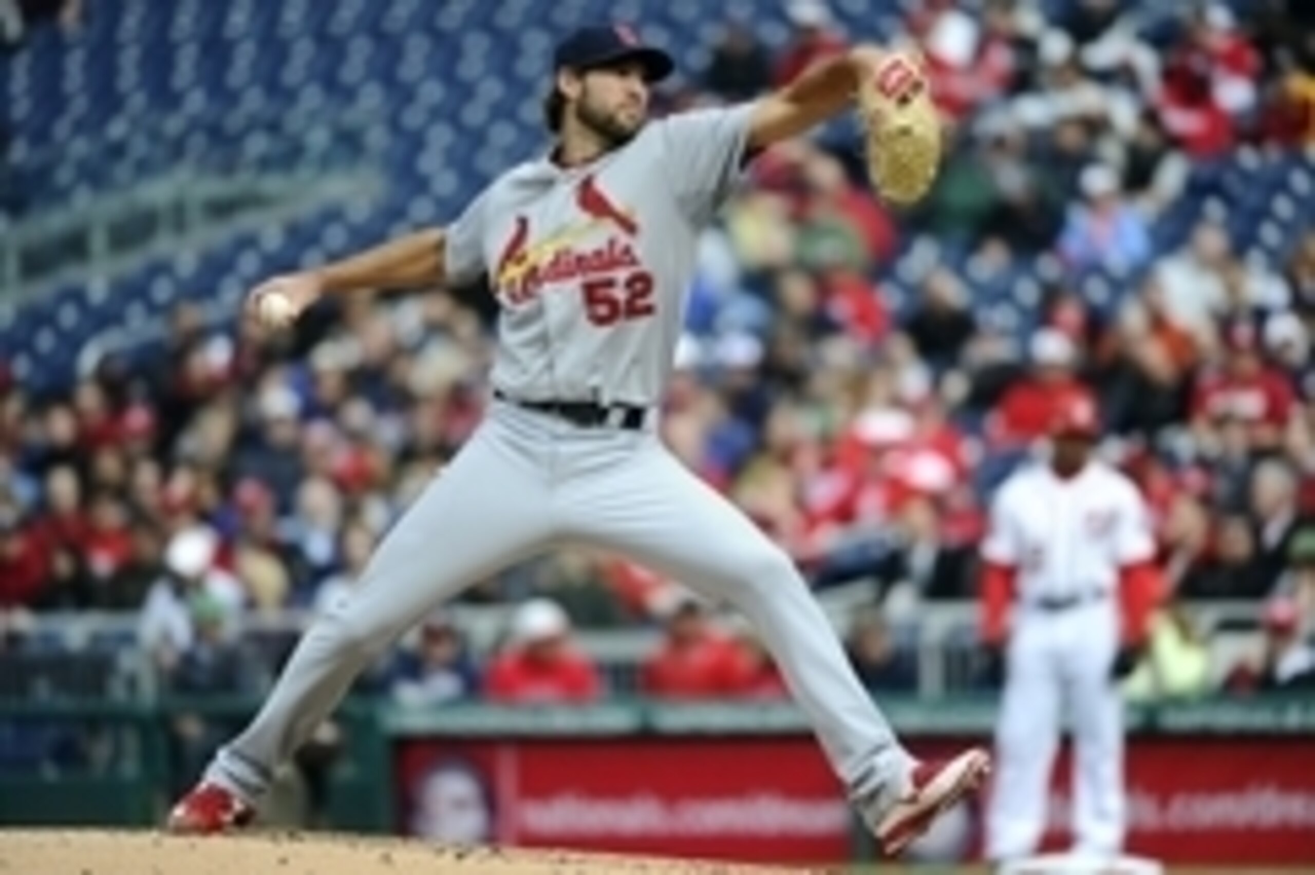 Apr 23, 2015; Washington, DC, USA; St. Louis Cardinals starting pitcher Michael Wacha (52) throws to the Washington Nationals during the second inning at Nationals Park. Mandatory Credit: Brad Mills-USA TODAY Sports