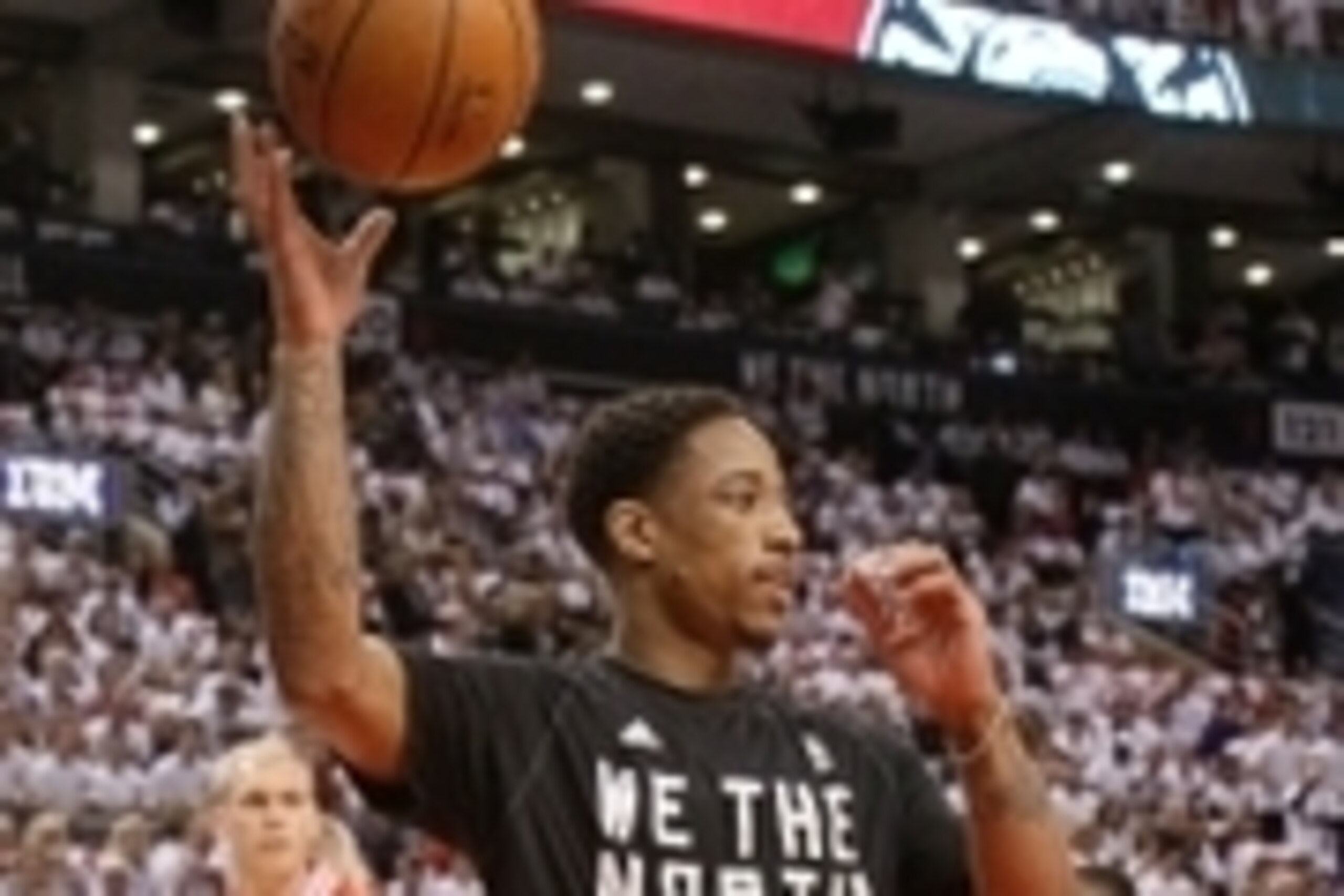 Apr 18, 2015; Toronto, Ontario, CAN; Toronto Raptors guard DeMar DeRozan (10) warms up prior to game one of the first round of the NBA Playoffs against the Washington Wizards at Air Canada Centre. Washington defeated Toronto 93-86. Mandatory Credit: John 