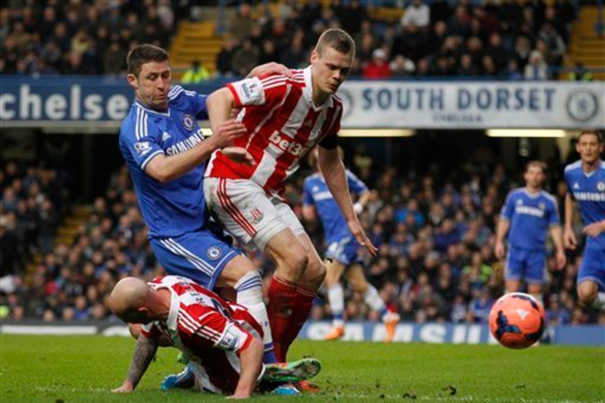 Stoke City skipper Ryan Shawcross gets stuck in.