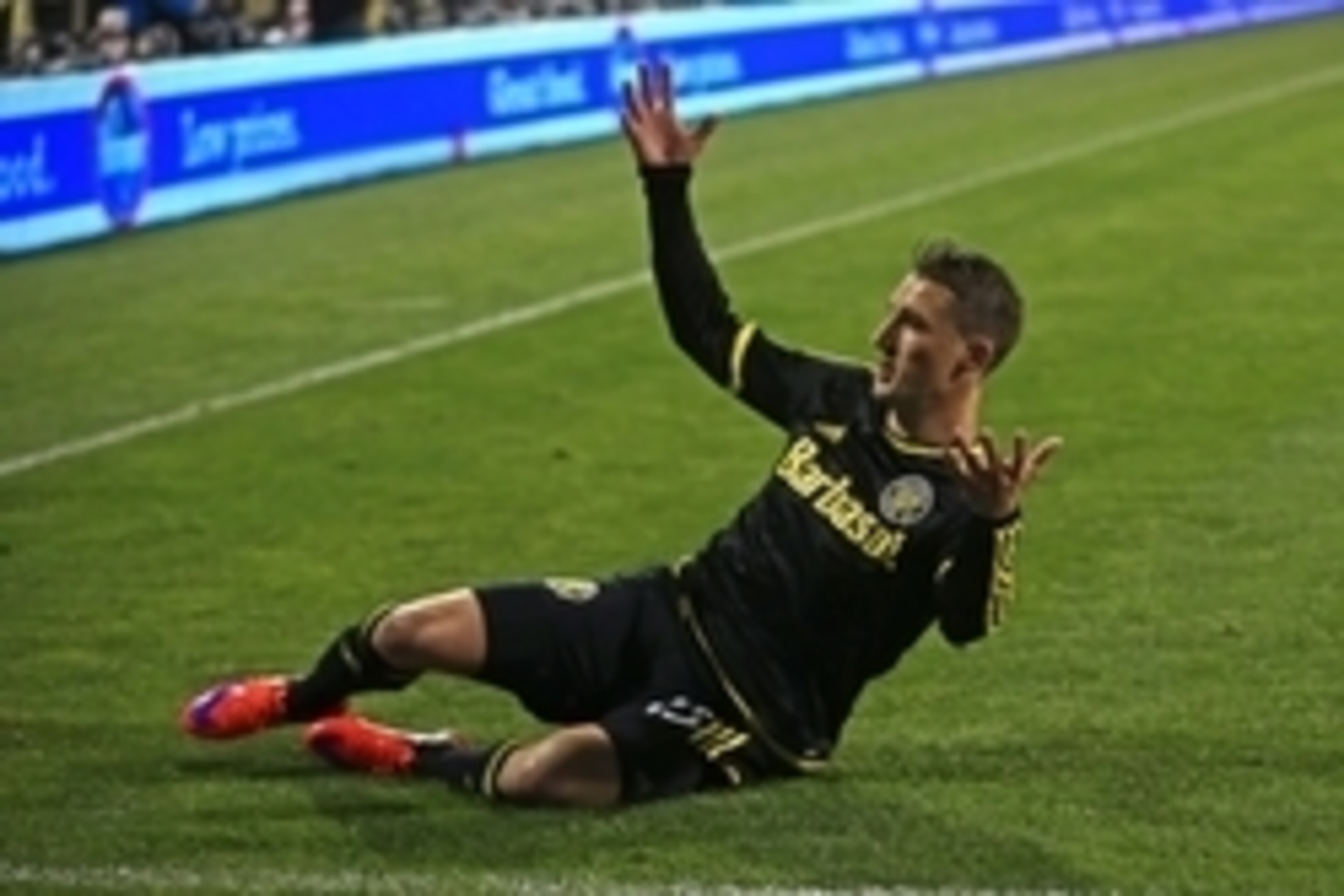 Apr 25, 2015; Columbus, OH, USA; Columbus Crew midfielder Ethan Finlay (13) celebrates after scoring a goal in the second half against the Philadelphia Union at MAPFRE Stadium. Mandatory Credit: Andrew Weber-USA TODAY Sports