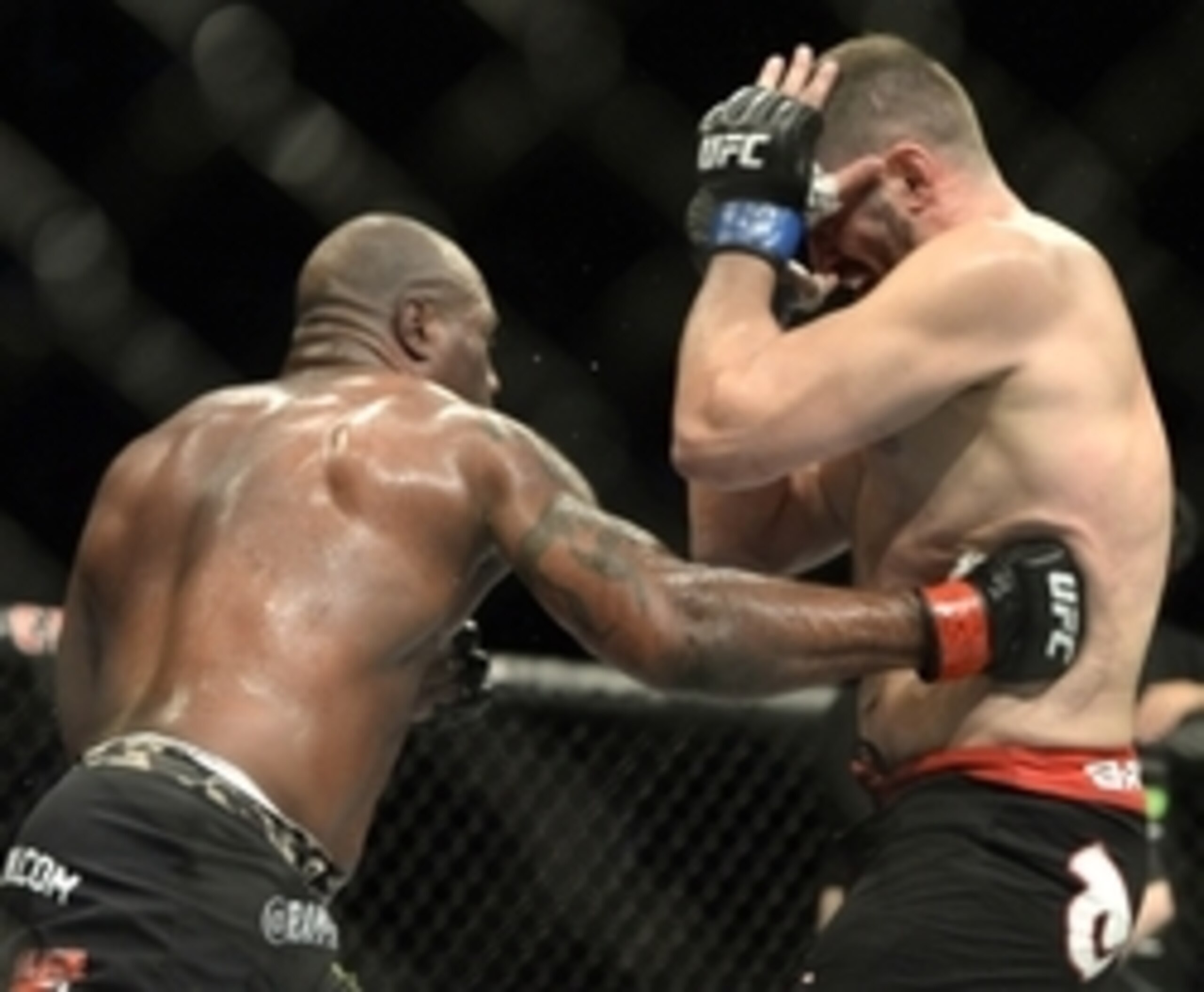 Apr 25, 2015; Montreal, Quebec, CAN; Rampage Jackson (red) and Fabio Maldonado (blue) fight during their catchweight bout during UFC 186 at Bell Centre. Mandatory Credit: Eric Bolte-USA TODAY Sports