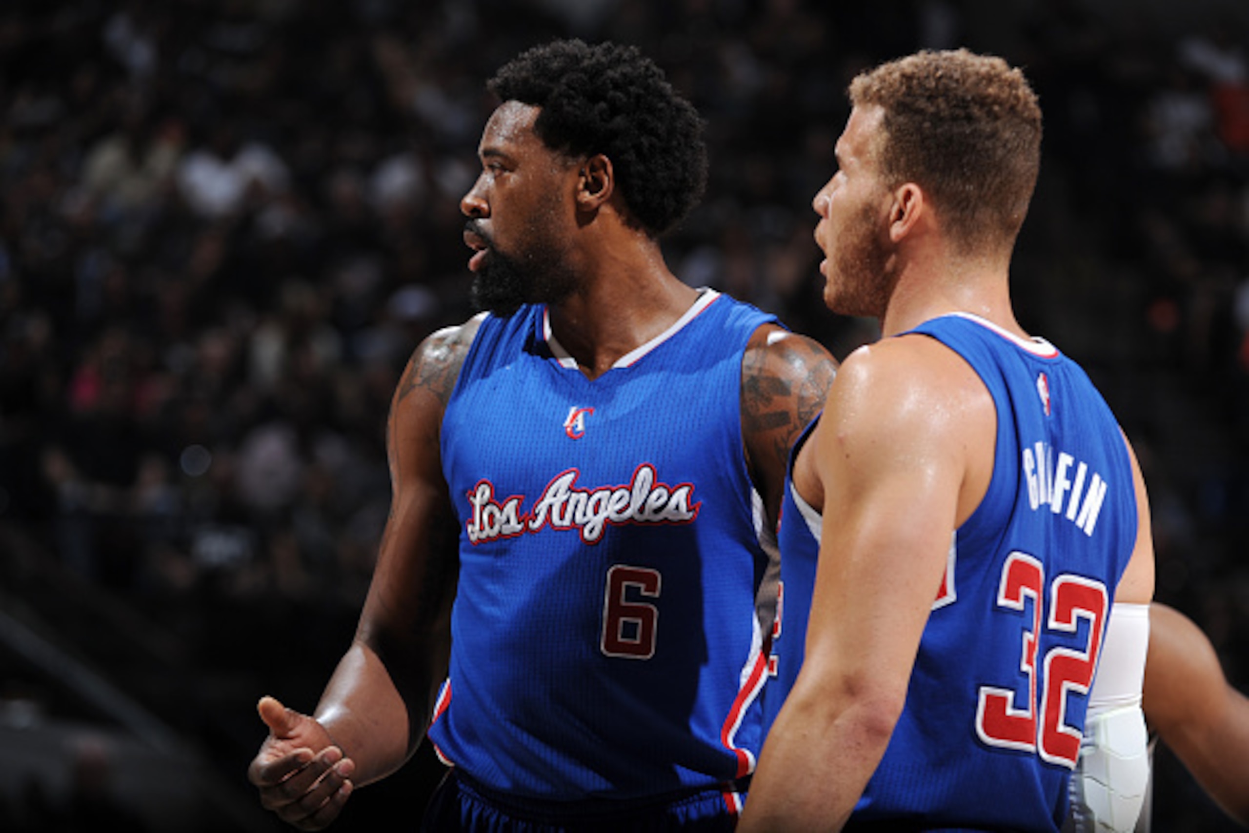 SAN ANTONIO - APRIL 26: DeAndre Jordan #6 and Blake Griffin #32 of the Los Angeles Clippers speak during a game against the San Antonio Spurs during Game Four of the Western Conference Quarterfinals at the AT&T Center on April 26, 2015 in San Antonio, Tex