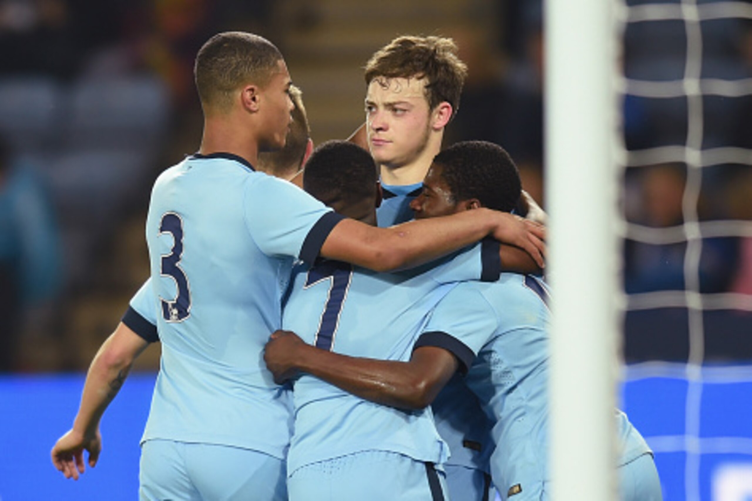 LEICESTER, ENGLAND - APRIL 08: Brandon Barker of Manchester City celebrates with team mates after scoring a penalty to make it 2-1 during the FA Youth Cup semi-final, second leg between Leicester City and Manchester City at The King Power Stadium on April
