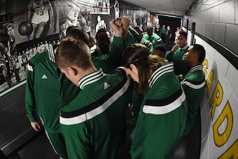 BOSTON, MA - APRIL 26: The Cleveland Cavaliers huddle before a game against the Cleveland Cavaliers in Game Four of the Eastern Conference Quarterfinals during the 2015 NBA Playoffs on April 26, 2015 at TD Garden in Boston, Massachusetts. NOTE TO USER: Us