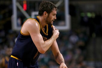 BOSTON, MA - APRIL 26: Kevin Love #0 of the Cleveland Cavaliers reacts after an injury against the Boston Celtics in the first quarter in Game Four during the first round of the 2015 NBA Playoffs on April 26, 2015 at TD Garden in Boston, Massachusetts. (P