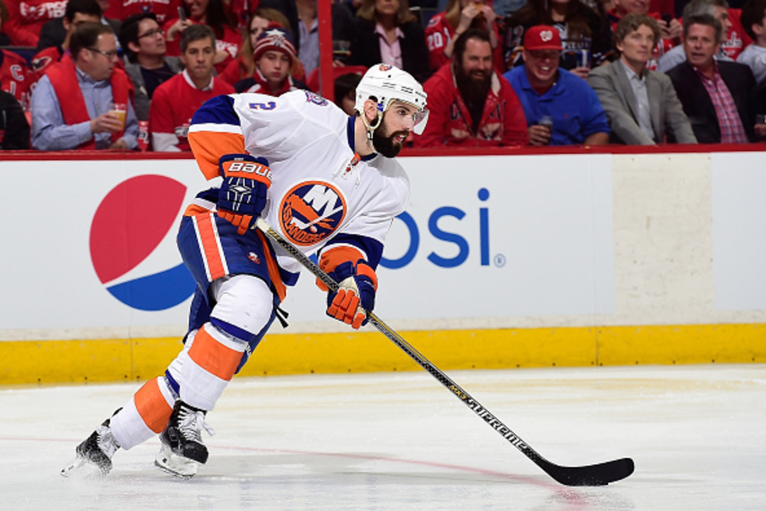 WASHINGTON, DC - APRIL 15:  Nick Leddy #2 of the New York Islanders controls the puck against the Washington Capitals during the second period in Game One of the Eastern Conference Quarterfinals during the 2015 NHL Stanley Cup Playoffs at Verizon Center o