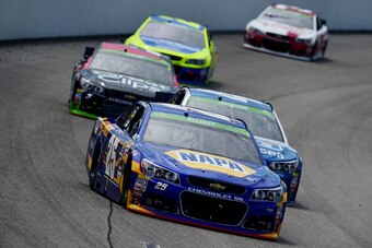 RICHMOND, VA - APRIL 26:  Chase Elliott, driver of the #25 NAPA Auto Parts Chevrolet, leads a pack of cars during the NASCAR Sprint Cup Series Toyota Owners 400 at Richmond International Raceway on April 26, 2015 in Richmond, Virginia.  (Photo by Jared C.