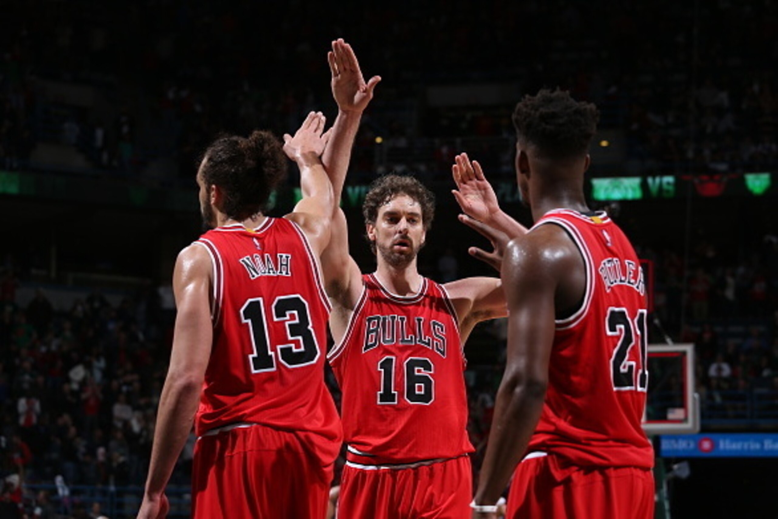 MILWAUKEE, WI - APRIL 23: Pau Gasol #16 of the Chicago Bulls celebrates with teammates Joakim Noah #13 and Jimmy Butler #21 at the end of Game Three of the Eastern Conference Quarterfinals against the Milwaukee Bucks during the 2015 NBA Playoffs on April MILWAUKEE, WI - APRIL 23: Pau Gasol #16 of the Chicago Bulls celebrates with teammates Joakim Noah #13 and Jimmy Butler #21 at the end of Game Three of the Eastern Conference Quarterfinals against the Milwaukee Bucks during the 2015 NBA Playoffs on April