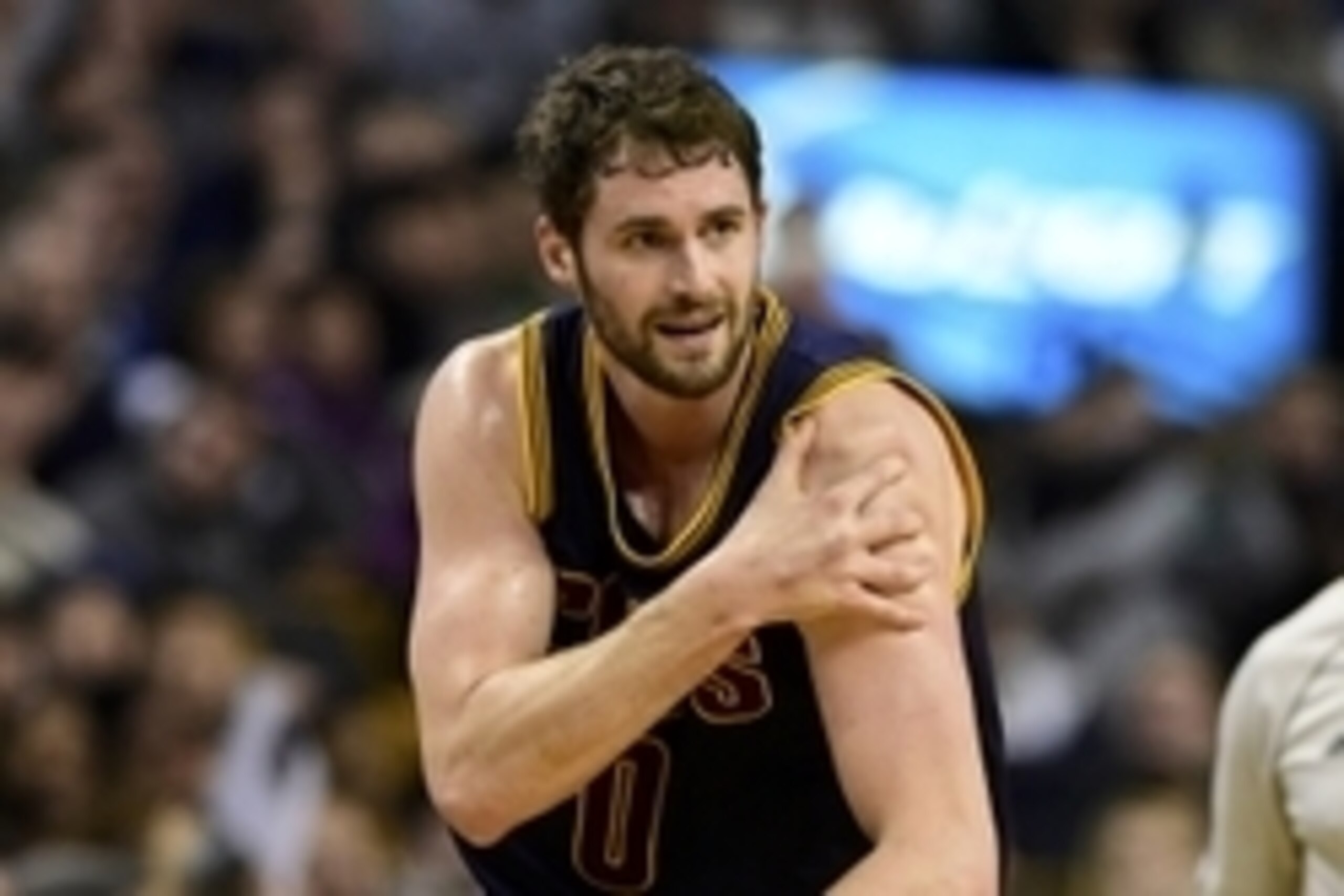 Apr 26, 2015; Boston, MA, USA; Cleveland Cavaliers forward Kevin Love (0) injures his shoulder during the first half in game four of the first round of the NBA Playoffs against the Boston Celtics. at TD Garden. Mandatory Credit: Bob DeChiara-USA TODAY Spo