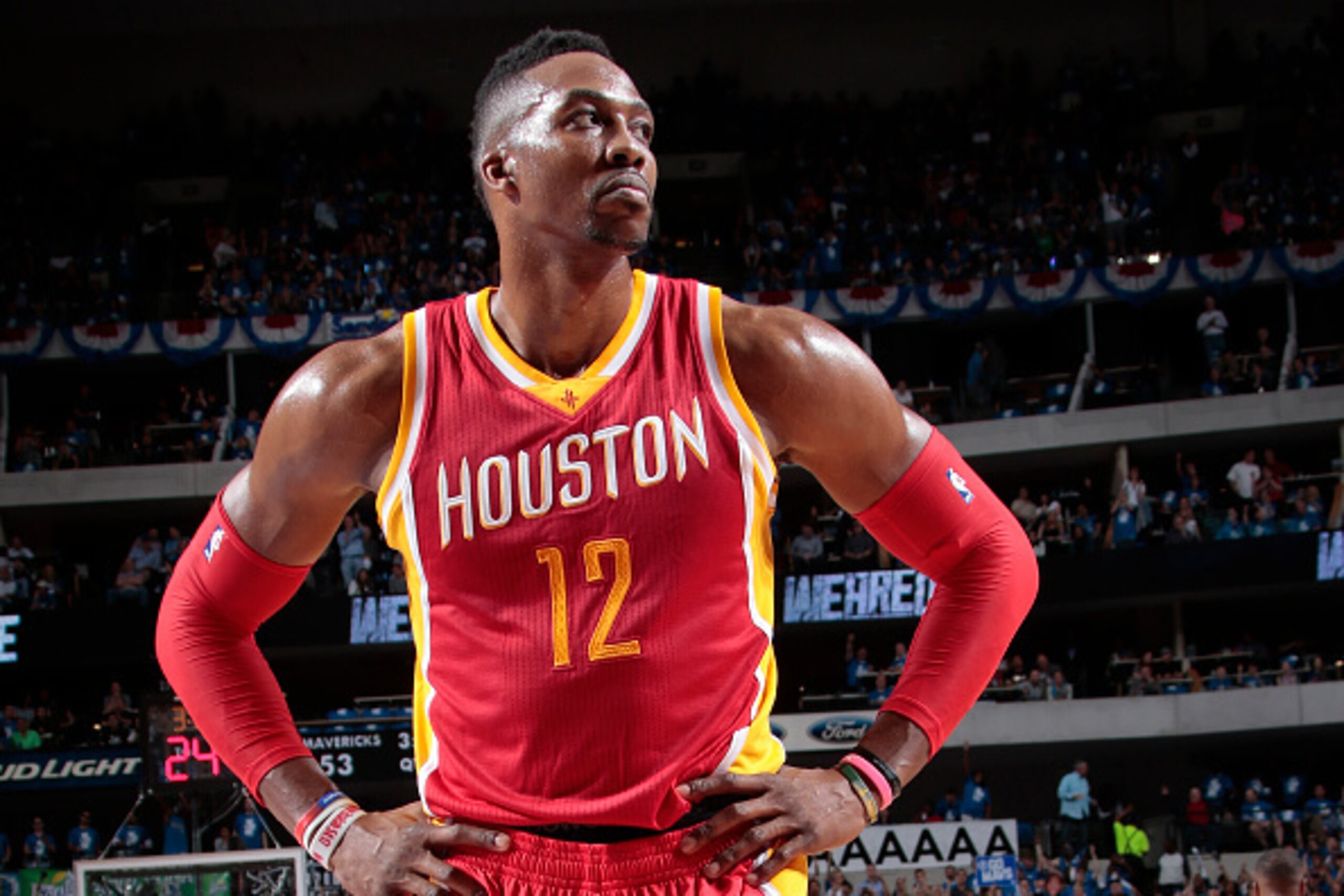 DALLAS, TX - APRIL 26: Dwight Howard #12 of the Houston Rockets against the Dallas Mavericks during Game Four of the Western Conference Quarterfinals of the 2015 NBA Playoffs on April 26, 2015 at the American Airlines Center in Dallas, Texas. NOTE TO USER