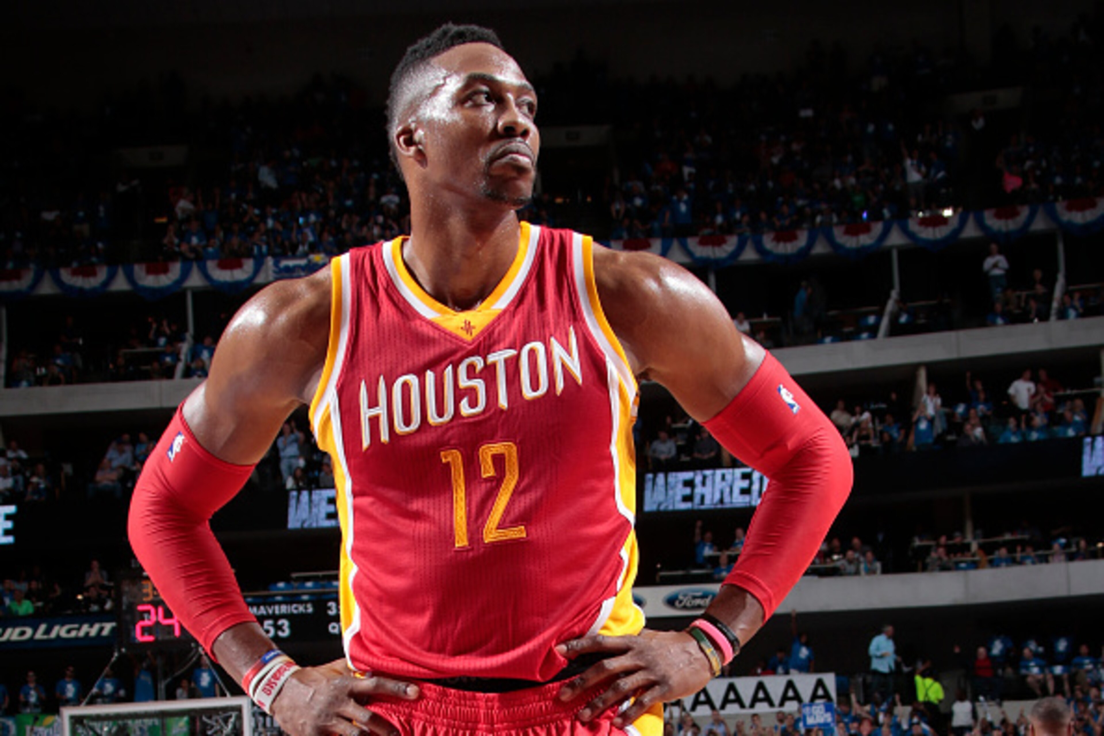 DALLAS, TX - APRIL 26: Dwight Howard #12 of the Houston Rockets against the Dallas Mavericks during Game Four of the Western Conference Quarterfinals of the 2015 NBA Playoffs on April 26, 2015 at the American Airlines Center in Dallas, Texas. NOTE TO USER