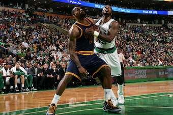 BOSTON, MA - APRIL 26: LeBron James #23 of the Cleveland Cavaliers battles for position against Jae Crowder #99 of the Boston Celtics in Game Four of the Eastern Conference Quarterfinals during the 2015 NBA Playoffs on April 26, 2015 at TD Garden in Bosto