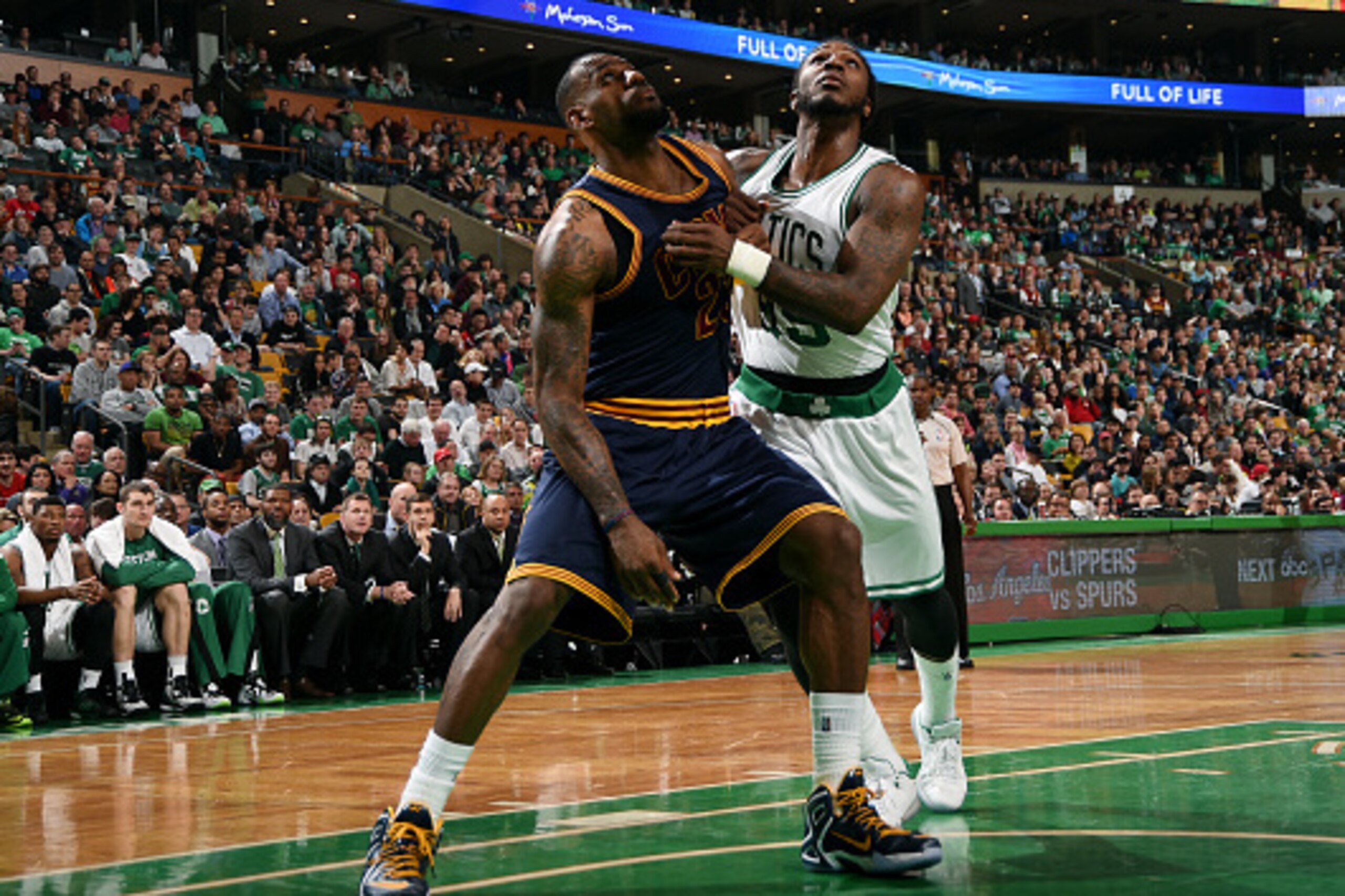 BOSTON, MA - APRIL 26: LeBron James #23 of the Cleveland Cavaliers battles for position against Jae Crowder #99 of the Boston Celtics in Game Four of the Eastern Conference Quarterfinals during the 2015 NBA Playoffs on April 26, 2015 at TD Garden in Bosto