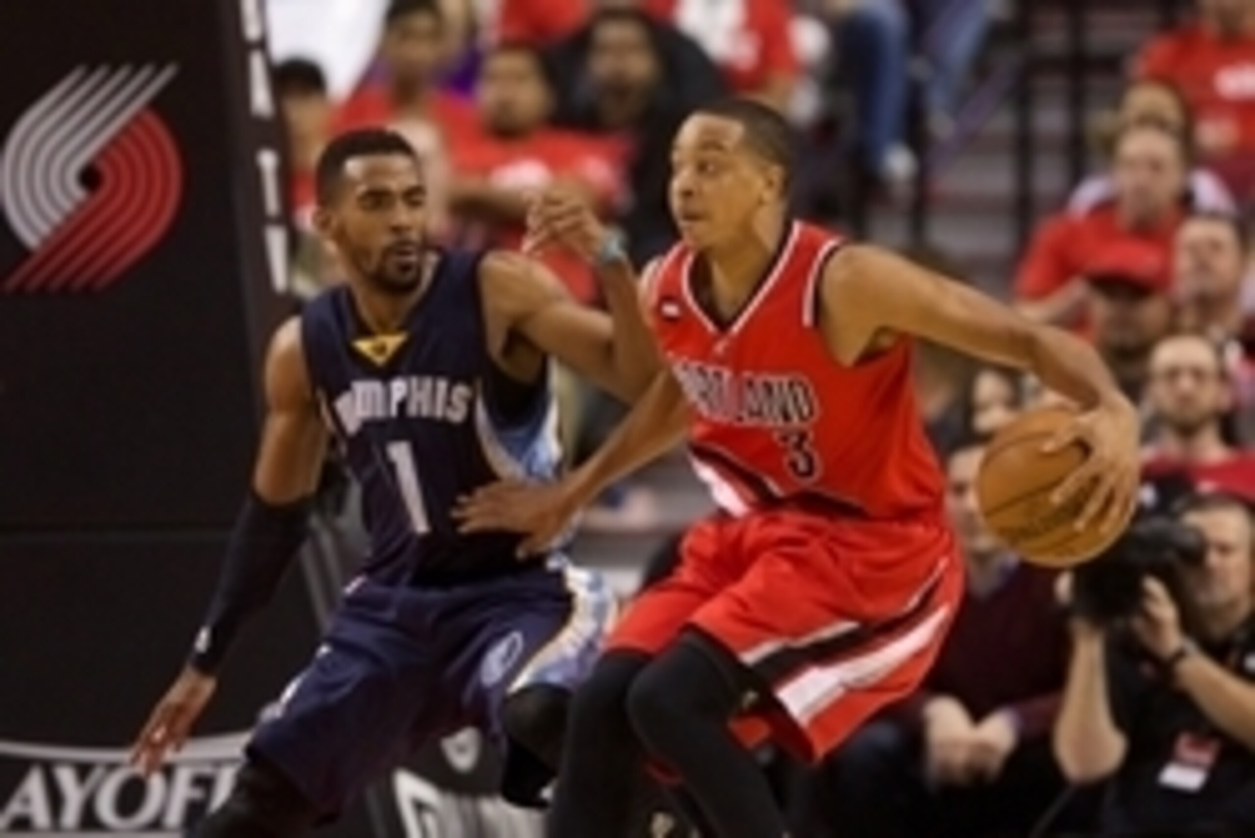 Apr 25, 2015; Portland, OR, USA; Memphis Grizzlies guard Mike Conley (11) defends Portland Trail Blazers guard C.J. McCollum (3) in game three of the first round of the NBA Playoffs at Moda Center at the Rose Quarter. Mandatory Credit: Jaime Valdez-USA TO