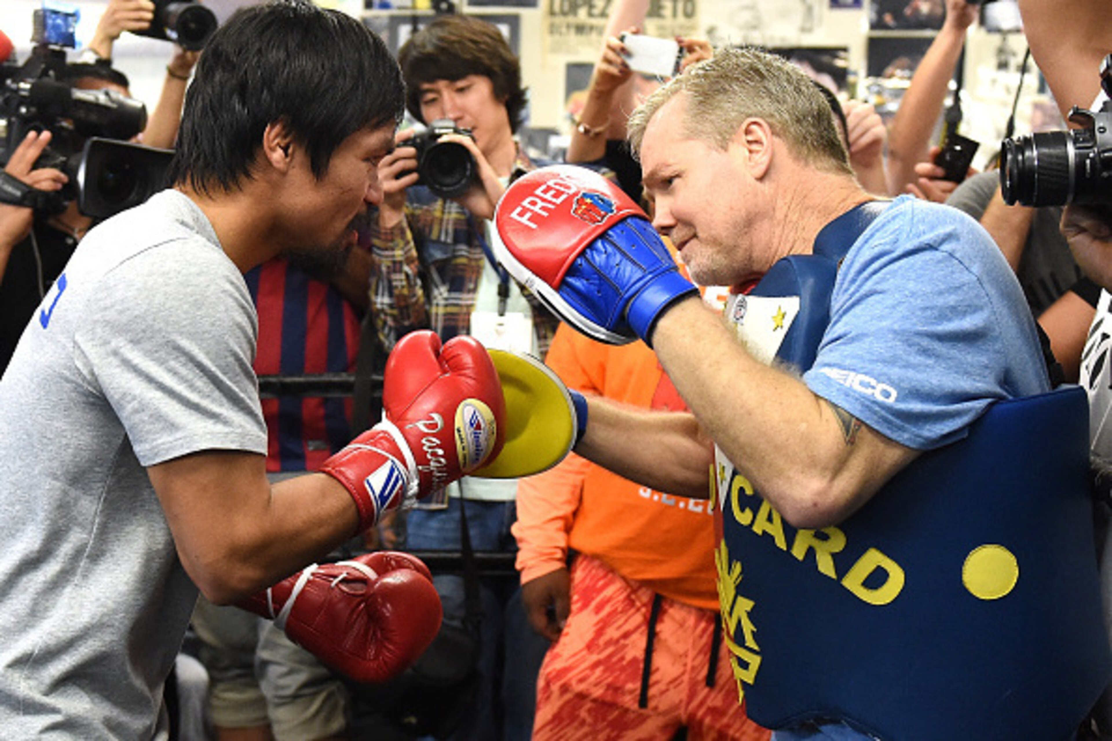 LOS ANGELES, CA - APRIL 15:  Manny Pacquiao trains with Freddie Roach in preparation for his fight against Floyd Mayweather Jr. at Wild Card Boxing Club on April 15, 2015 in Los Angeles, California.  (Photo by Harry How/Getty Images)