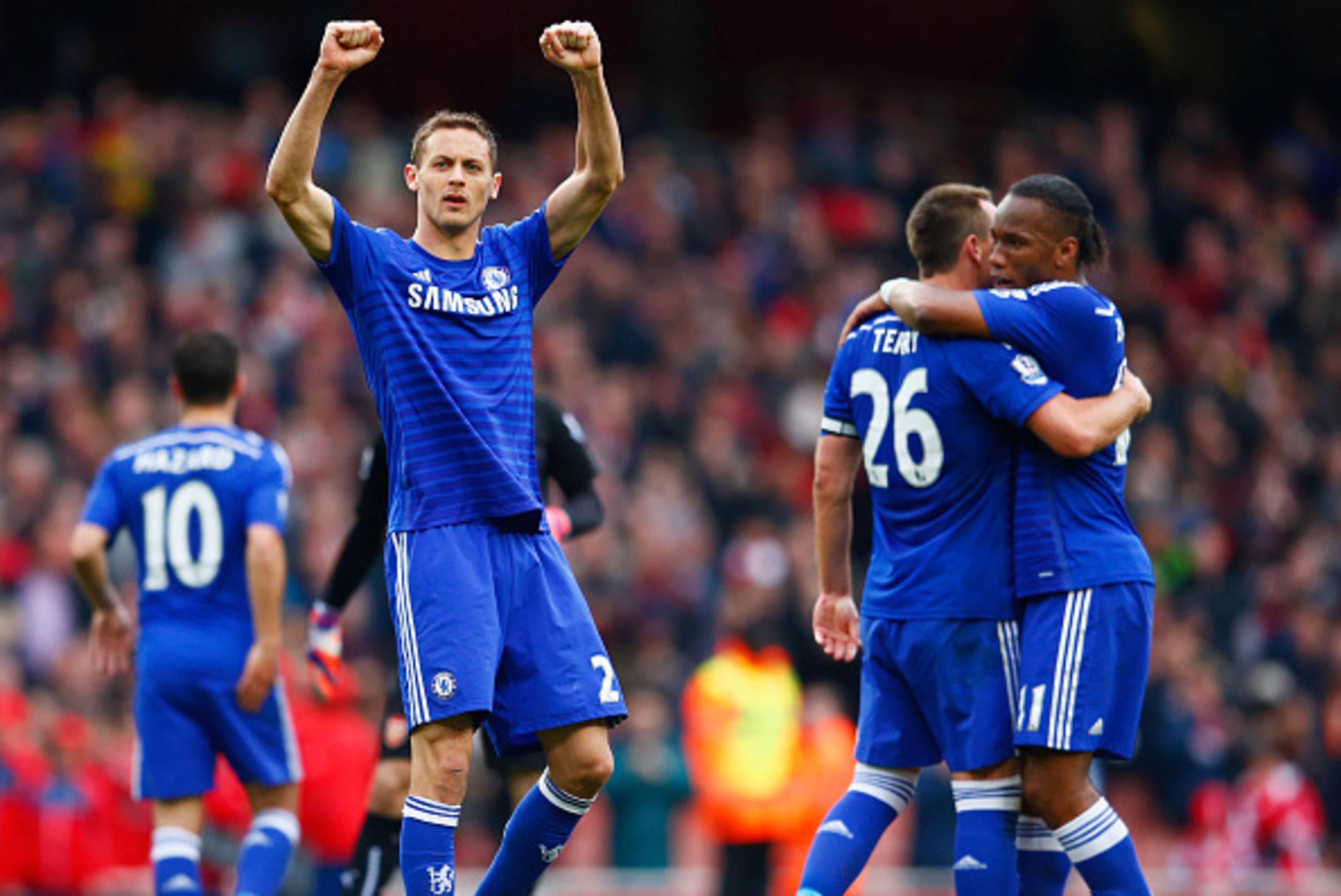 LONDON, ENGLAND - APRIL 26: Nemanja Matic of Chelsea (21) celebrates with team mates after the Barclays Premier League match between Arsenal and Chelsea at Emirates Stadium on April 26, 2015 in London, England. (Photo by Julian Finney/Getty Images) LONDON, ENGLAND - APRIL 26: Nemanja Matic of Chelsea (21) celebrates with team mates after the Barclays Premier League match between Arsenal and Chelsea at Emirates Stadium on April 26, 2015 in London, England. (Photo by Julian Finney/Getty Images)