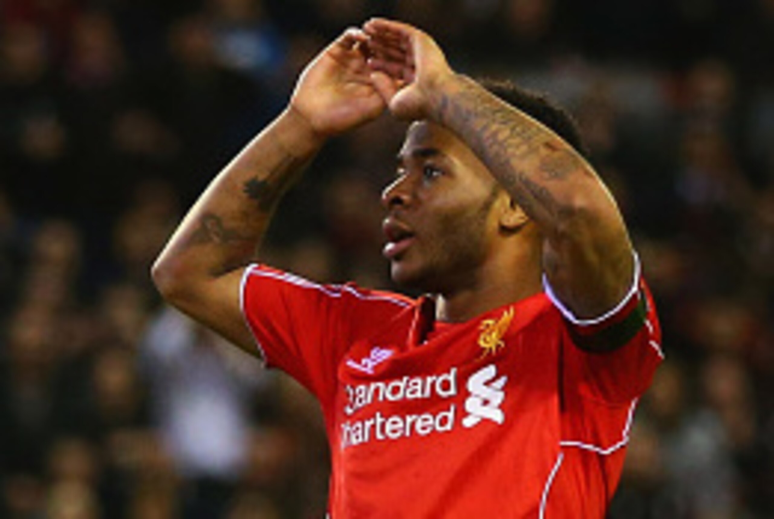 LIVERPOOL, ENGLAND - APRIL 13: Raheem Sterling of Liverpool reacts after a missed chance during the Barclays Premier League match between Liverpool and Newcastle United at Anfield on April 13, 2015 in Liverpool, England. (Photo by Clive Brunskill/Getty LIVERPOOL, ENGLAND - APRIL 13: Raheem Sterling of Liverpool reacts after a missed chance during the Barclays Premier League match between Liverpool and Newcastle United at Anfield on April 13, 2015 in Liverpool, England. (Photo by Clive Brunskill/Getty