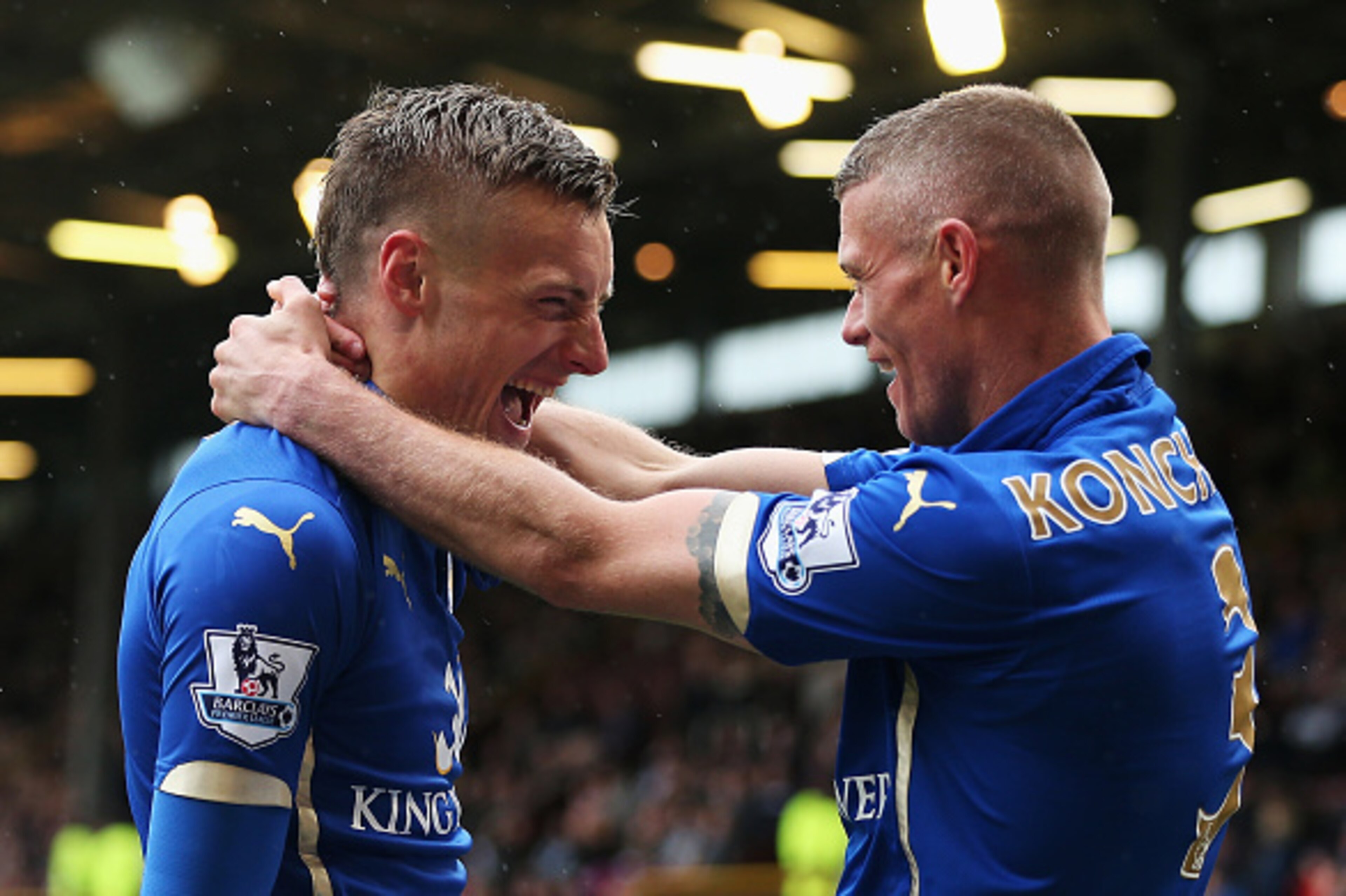 BURNLEY, ENGLAND - APRIL 25: Jamie Vardy of Leicester City (L) celebrates scoring their first goal with Paul Konchesky of Leicester City during the Barclays Premier League match between Burnley and Leicester City at Turf Moor on April 25, 2015 in Burnley BURNLEY, ENGLAND - APRIL 25: Jamie Vardy of Leicester City (L) celebrates scoring their first goal with Paul Konchesky of Leicester City during the Barclays Premier League match between Burnley and Leicester City at Turf Moor on April 25, 2015 in Burnley