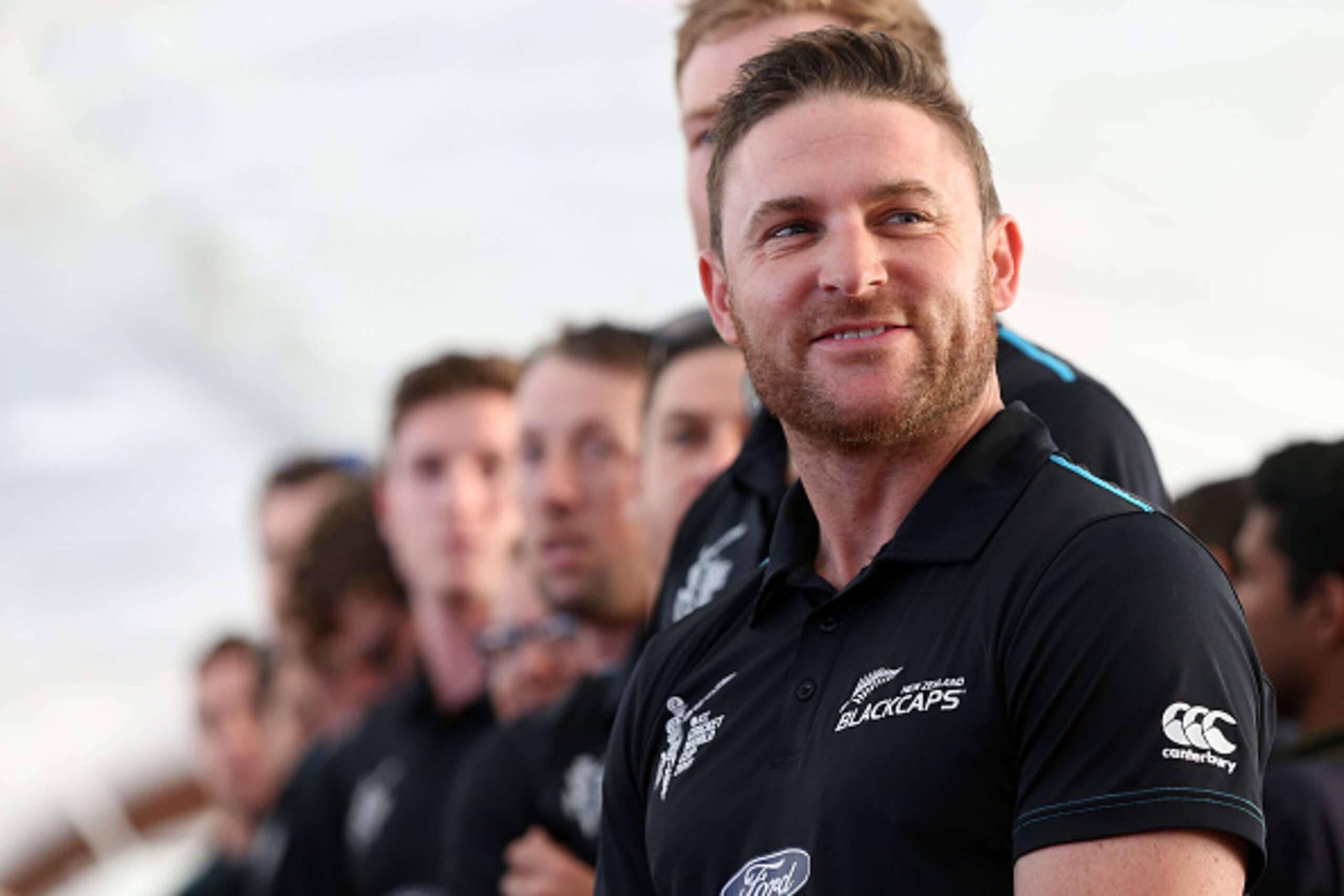 AUCKLAND, NEW ZEALAND - MARCH 31:  Black Caps captain Brendon McCullum (R) and the team watch the haka during the Zealand Blackcaps Welcome Home Reception at Queen's Wharf on March 31, 2015 in Auckland, New Zealand. New Zealand had their most successful C