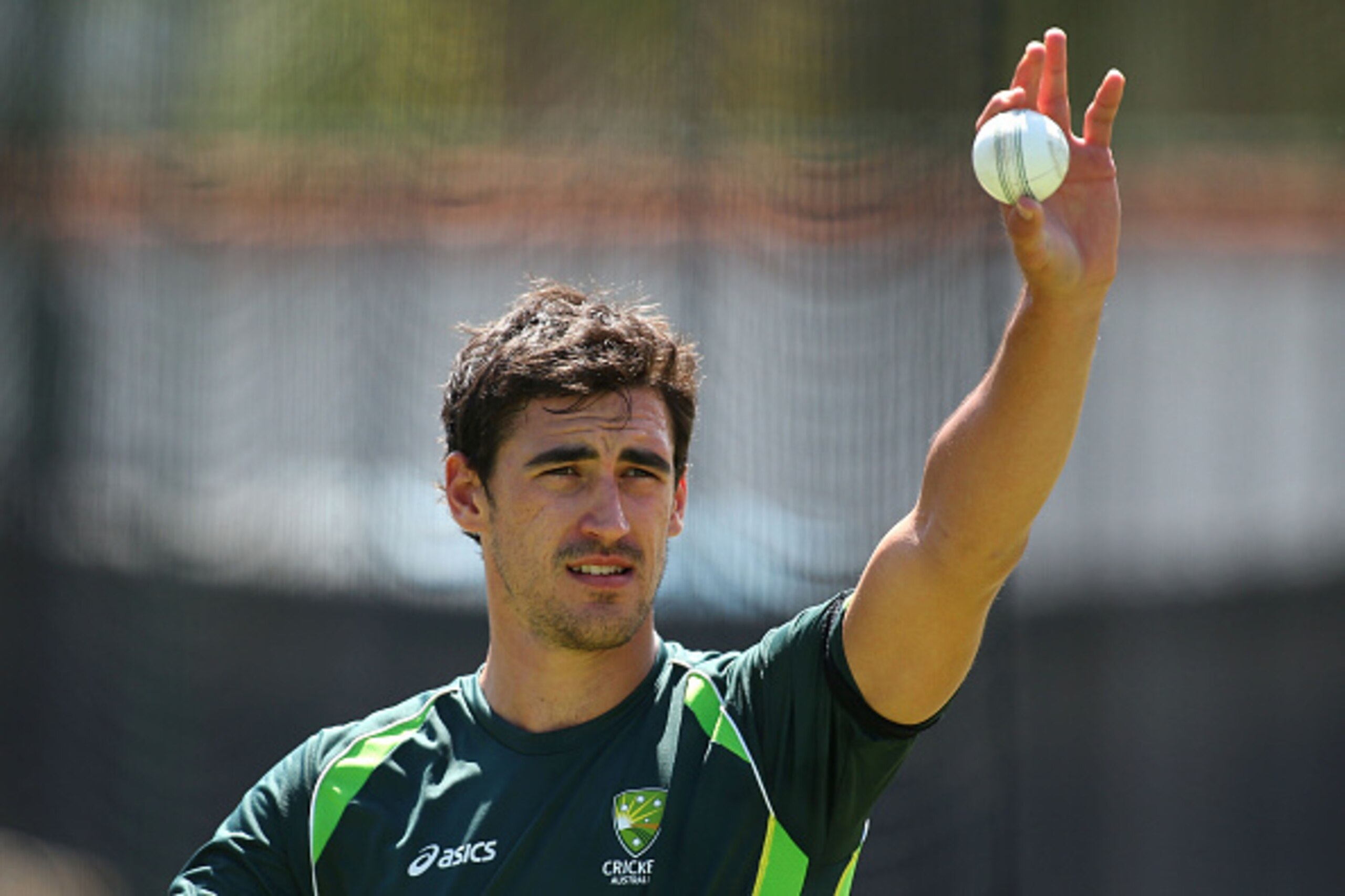 PERTH, AUSTRALIA - MARCH 03: Mitchell Starc of Australia holds up a cricket ball during an Australian nets session at WACA on March 3, 2015 in Perth, Australia.  (Photo by Paul Kane/Getty Images)