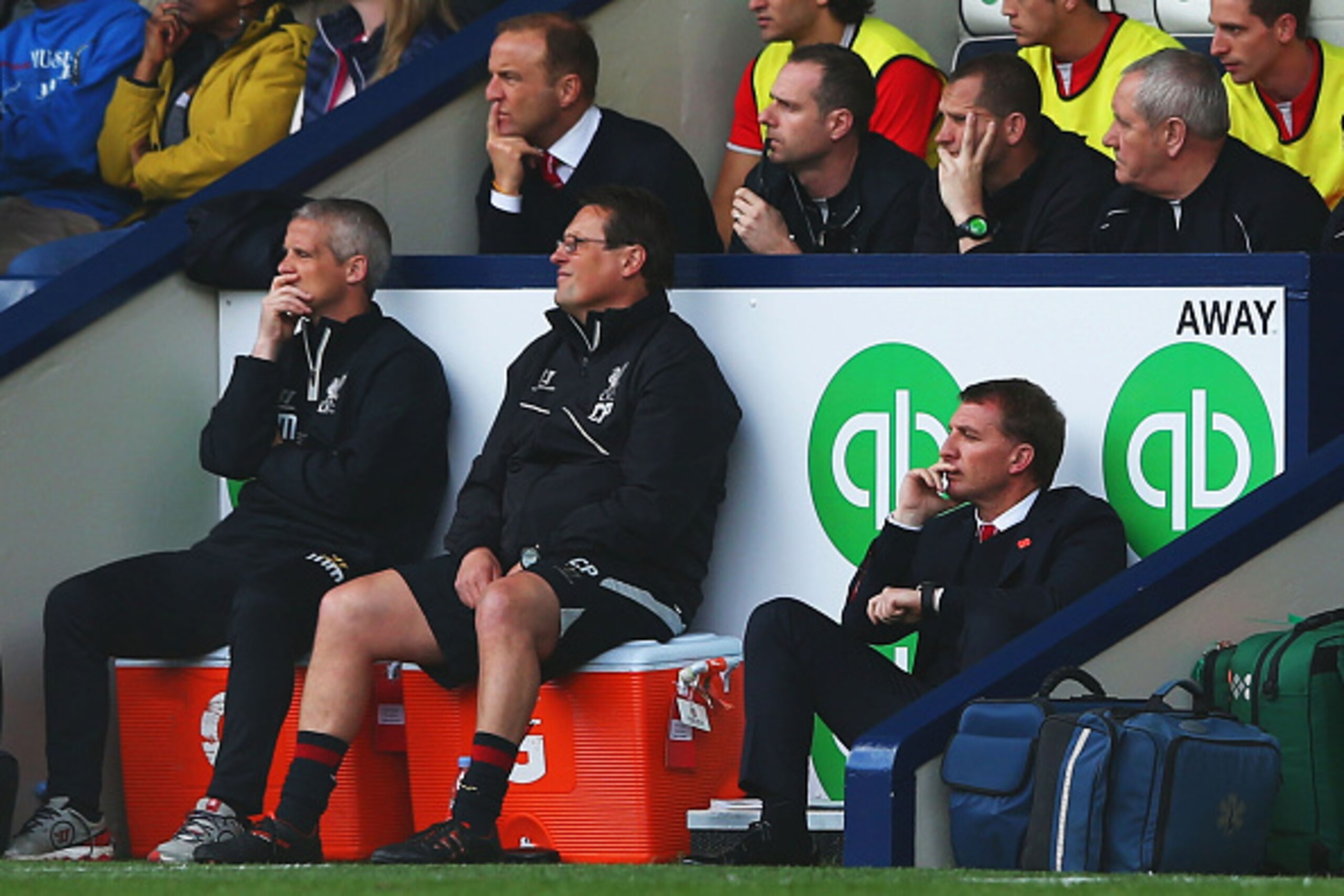 WEST BROMWICH, ENGLAND - APRIL 25:  Brendan Rodgers, manager of Liverpool (R) looks on during the Barclays Premier League match between West Bromwich Albion and Liverpool at The Hawthorns on April 25, 2015 in West Bromwich, England.  (Photo by Matthew Lew