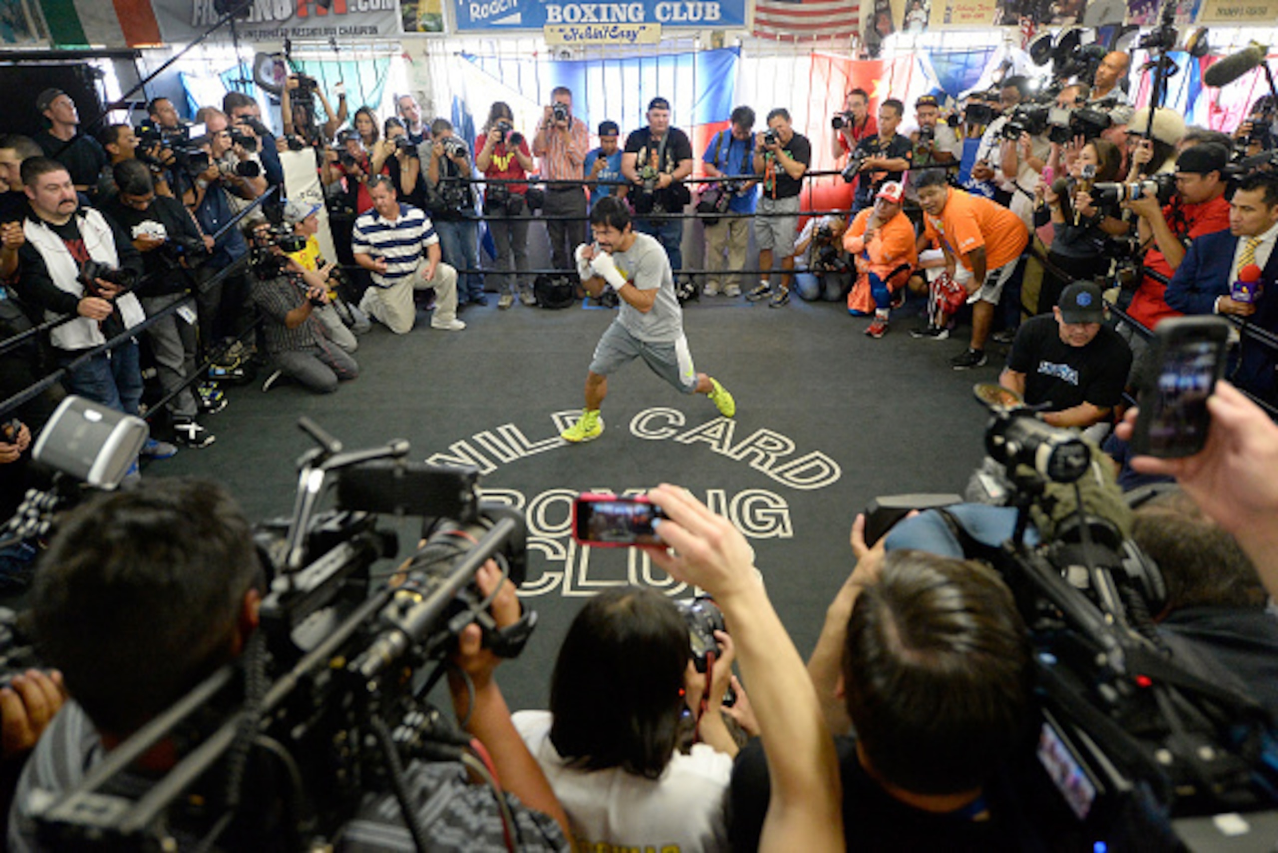 LOS ANGELES, CA - APRIL 15:  Manny Pacquiao spars during a workout in preparation for his fight against Floyd Mayweather Jr. at Wild Card Boxing Club on April 15, 2015 in Los Angeles, California.  (Photo by Harry How/Getty Images)