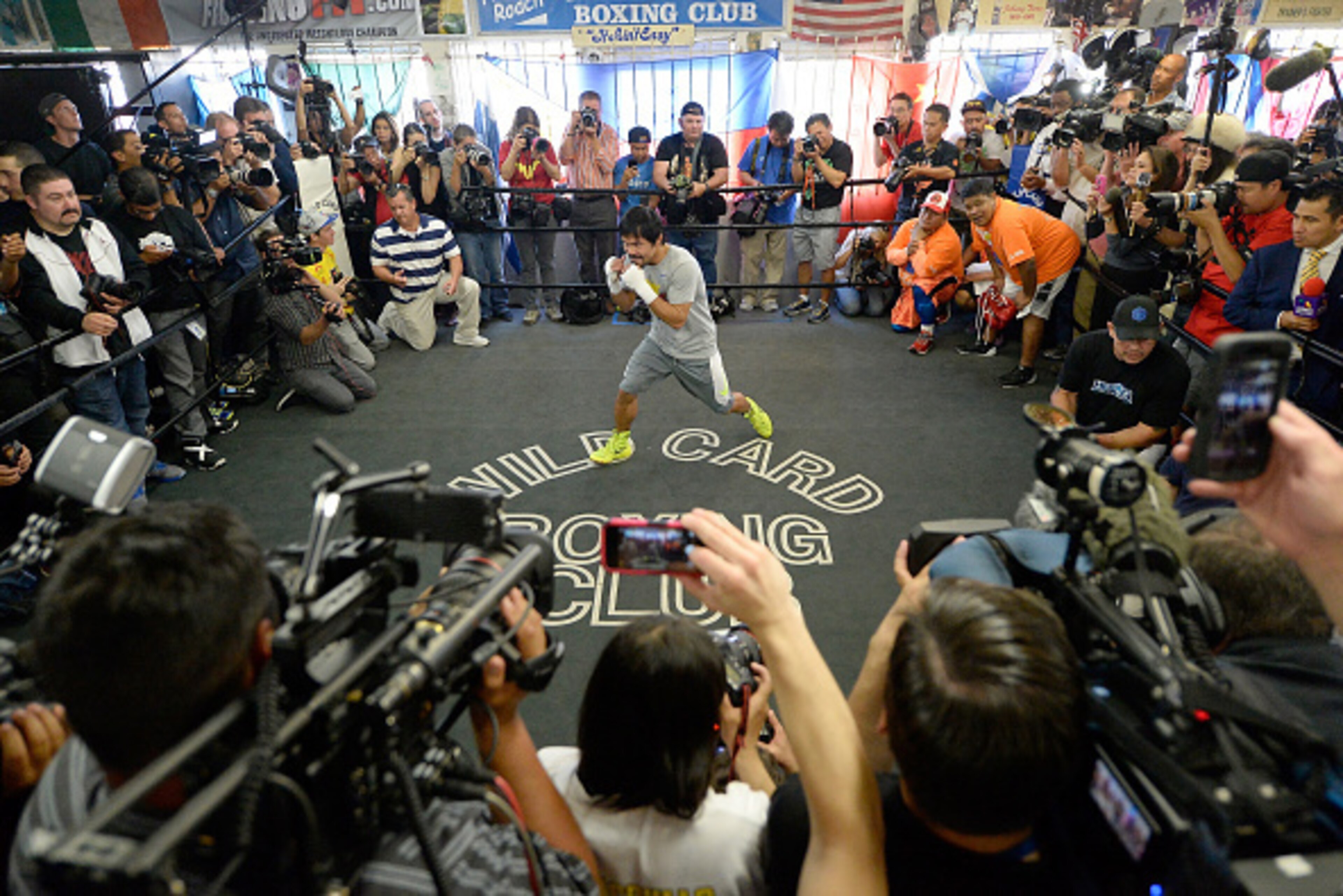 LOS ANGELES, CA - APRIL 15:  Manny Pacquiao spars during a workout in preparation for his fight against Floyd Mayweather Jr. at Wild Card Boxing Club on April 15, 2015 in Los Angeles, California.  (Photo by Harry How/Getty Images)
