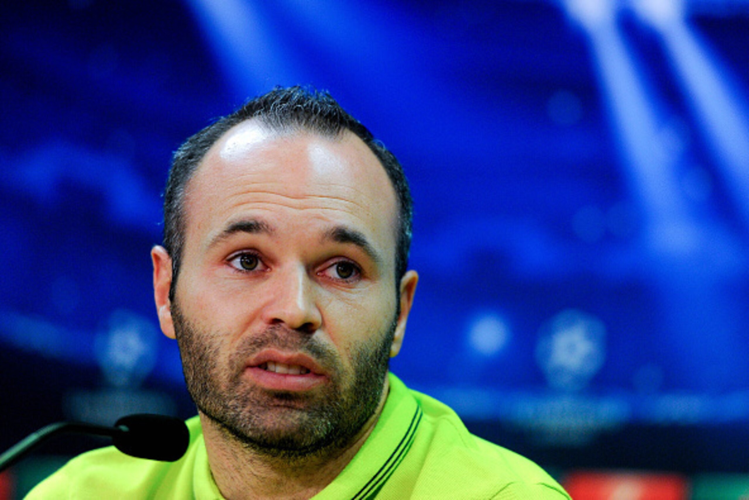 BARCELONA, SPAIN - MARCH 17:  Andres Iniesta of FC Barcelona speaks to the media during a press conference ahead of their UEFA Champions League round of 16 match against Manchester City at Ciutat Esportiva on March 17, 2015 in Barcelona, Spain.  (Photo by