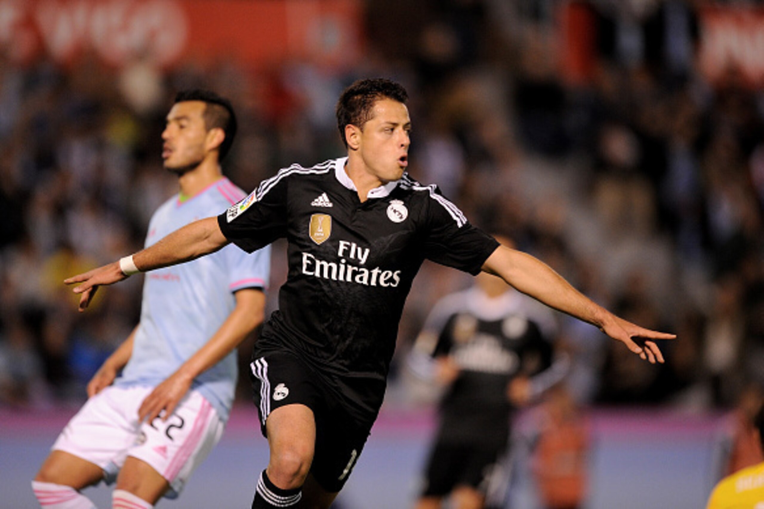 VIGO, SPAIN - APRIL 26:  Javier 'Chicharito' Hernandez of Real Madrid
 celebrates after scoring Real's 4th goal during the La Liga match between Celta Vigo and Real Madrid CF at Estadio Balaidos on April 26, 2015 in Vigo, Spain.  (Photo by Denis Doyle/Get