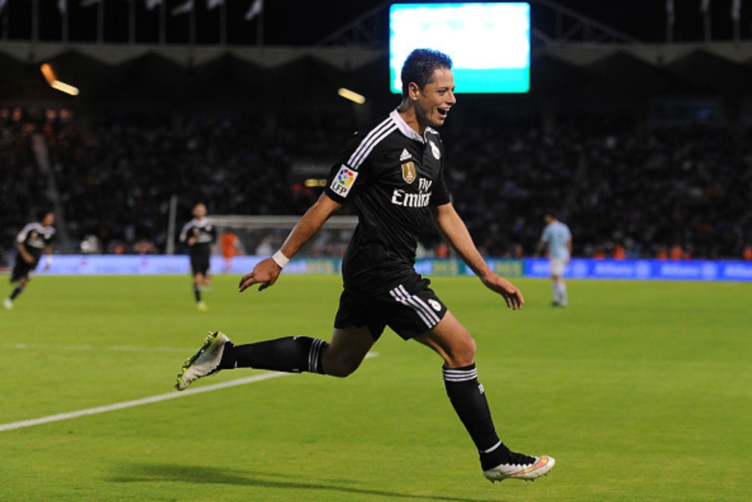 VIGO, SPAIN - APRIL 26:  Javier 'Chicharito' Hernandez of Real Madrid
 celebrates after scoring Real's 4th goal during the La Liga match between Celta Vigo and Real Madrid CF at Estadio Balaidos on April 26, 2015 in Vigo, Spain.  (Photo by Denis Doyle/Get