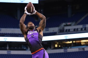 Feb 23, 2015; Indianapolis, IN, USA; Miami Ohio defensive back Quinten Rollins catches a pass in a workout drill during the 2015 NFL Combine at Lucas Oil Stadium. Mandatory Credit: Brian Spurlock-USA TODAY Sports
