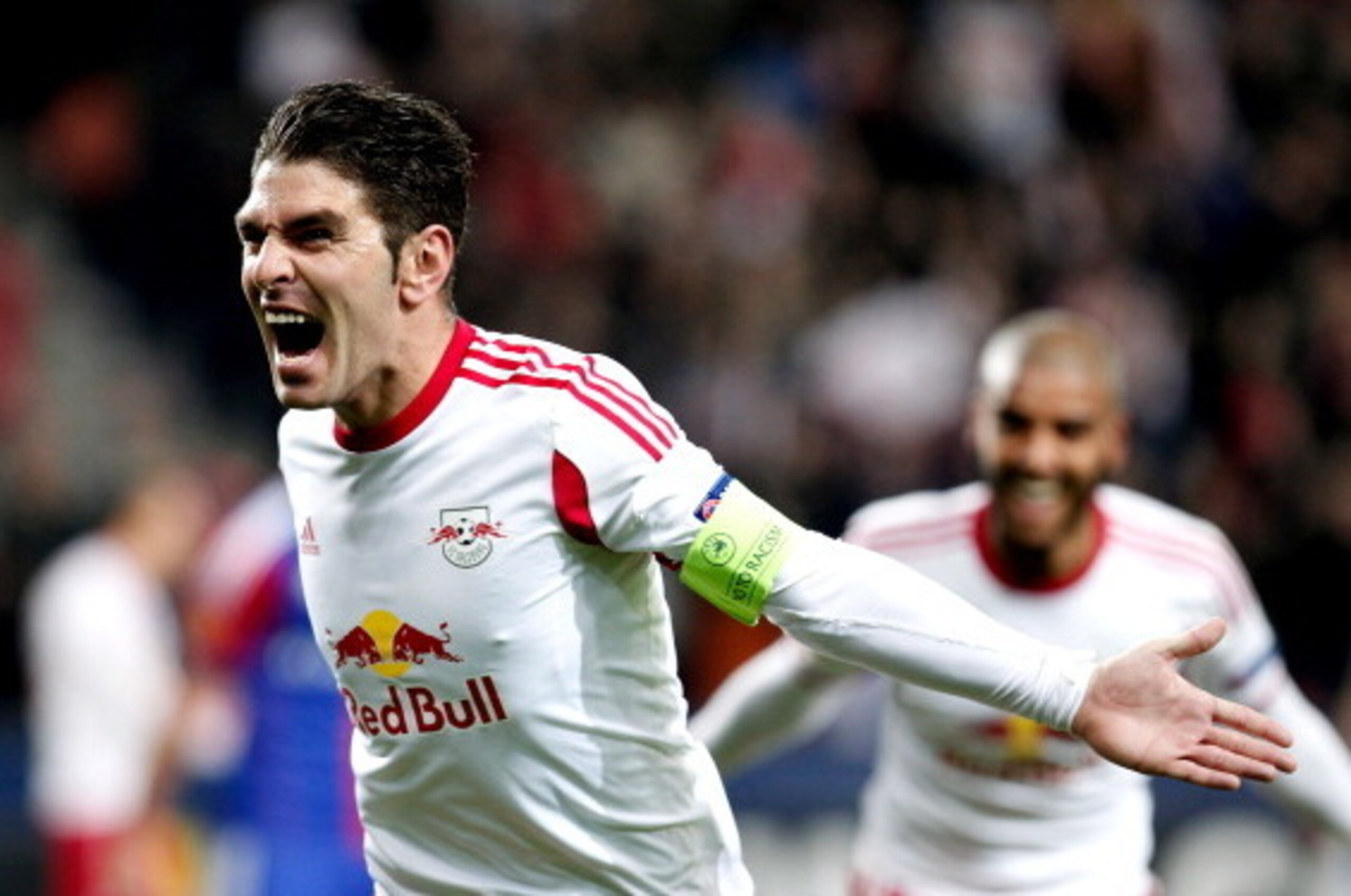 SALZBURG, AUSTRIA - MARCH 20:  Jonatan Soriano of FC Salzburg celebrates after the first goal during the UEFA Europa League Round of 16 match between FC Salzburg and FC Basel 1893 at Stadion Salzburg on March 20, 2014 in Salzburg, Austria.  (Photo by Simo