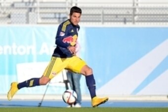 Feb 18, 2015; Bradenton, FL, USA; New York Red Bulls midfielder Sal Zizzo (15) chases down a loose ball during the first half against HB Koge at IMG Stadium. Mandatory Credit: Jonathan Dyer-USA TODAY Sports