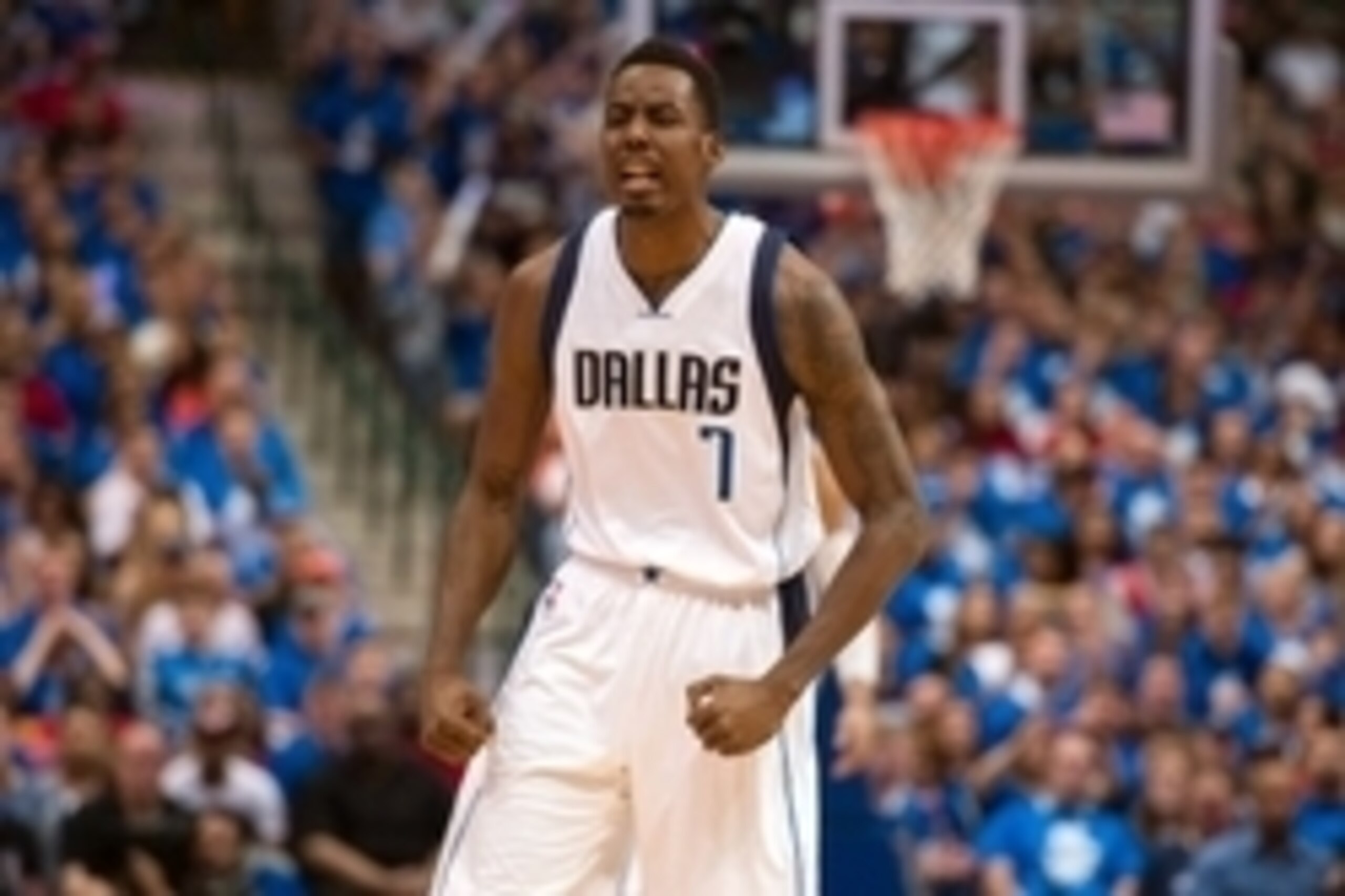 Apr 26, 2015; Dallas, TX, USA; Dallas Mavericks forward Al-Farouq Aminu (7) celebrates during the game against the Houston Rockets in game four of the first round of the NBA Playoffs. at American Airlines Center. Mandatory Credit: Jerome Miron-USA TODAY S Apr 26, 2015; Dallas, TX, USA; Dallas Mavericks forward Al-Farouq Aminu (7) celebrates during the game against the Houston Rockets in game four of the first round of the NBA Playoffs. at American Airlines Center. Mandatory Credit: Jerome Miron-USA TODAY S