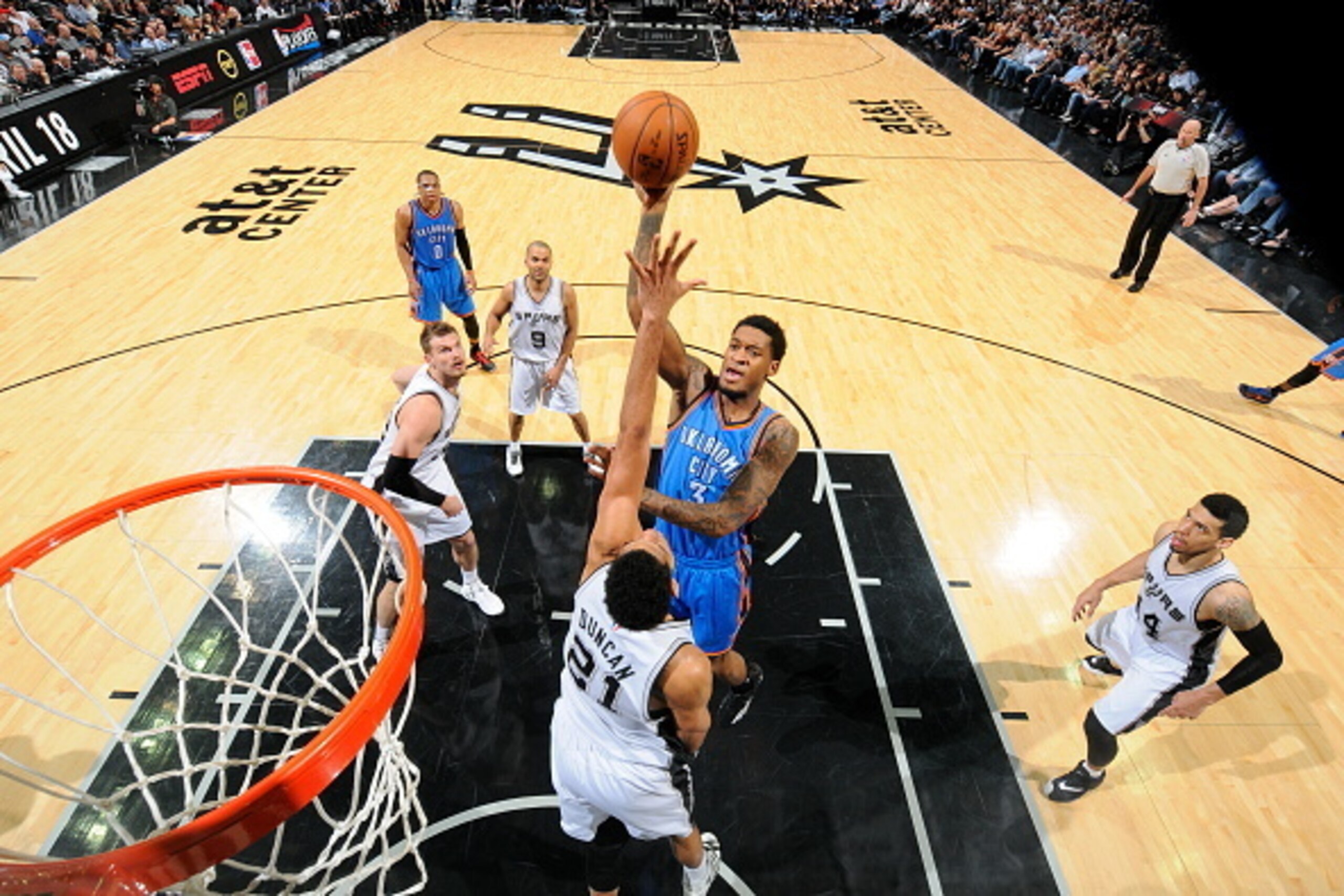 SAN ANTONIO - MARCH 25: Perry Jones #3 of the Oklahoma City Thunder goes up for a shot against the San Antonio Spurs at the AT&T Center on March 25, 2014 in San Antonio, Texas. NOTE TO USER: User expressly acknowledges and agrees that, by downloading and SAN ANTONIO - MARCH 25: Perry Jones #3 of the Oklahoma City Thunder goes up for a shot against the San Antonio Spurs at the AT&T Center on March 25, 2014 in San Antonio, Texas. NOTE TO USER: User expressly acknowledges and agrees that, by downloading and