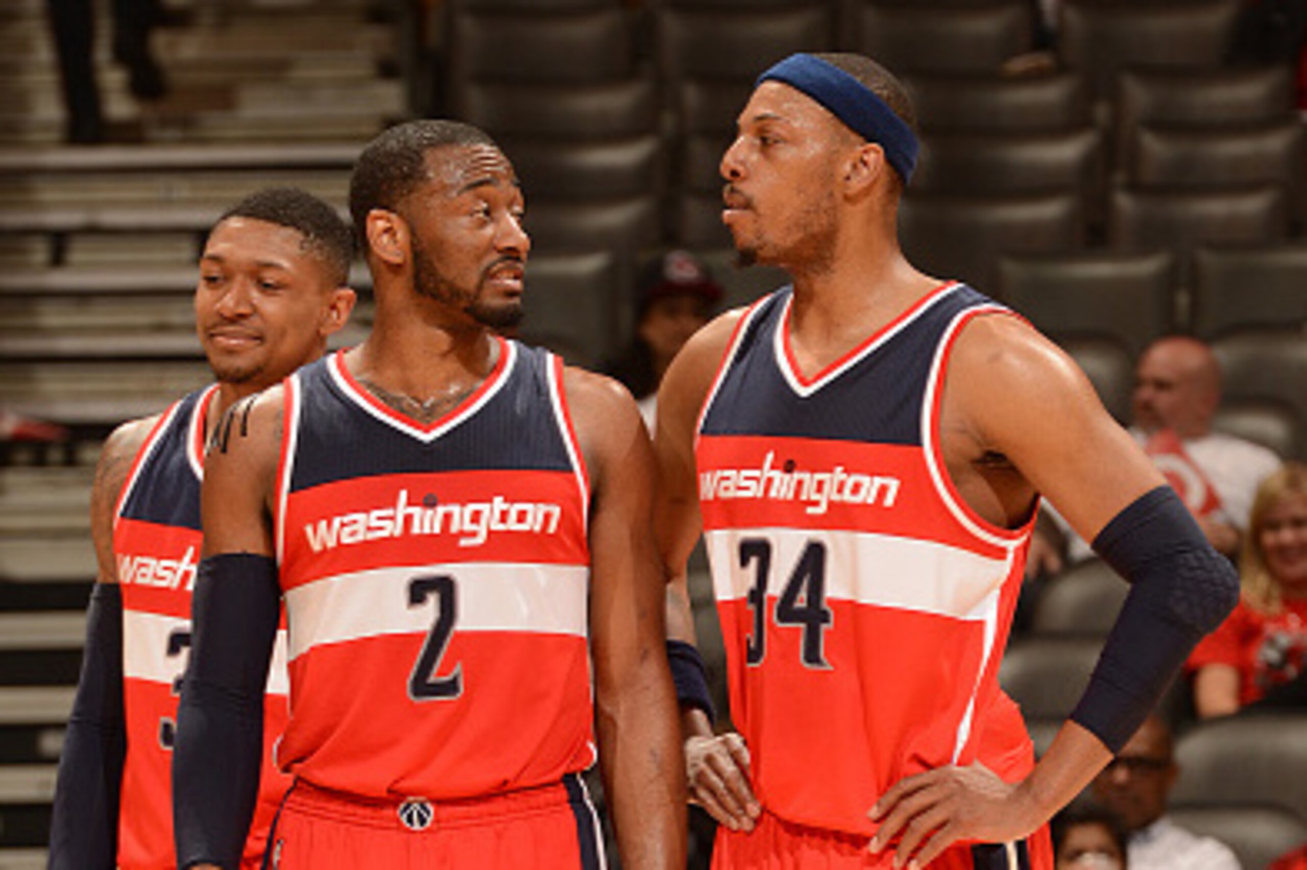 TORONTO, CANADA - APRIl 21:  John Wall #2, Paul Pierce #34 and Bradley Beal #3 of the Washington Wizards in Game Two of the Eastern Conference Quarterfinals against the Toronto Raptors during the 2015 NBA Playoffs on April 21, 2015 at the Air Canada Centr