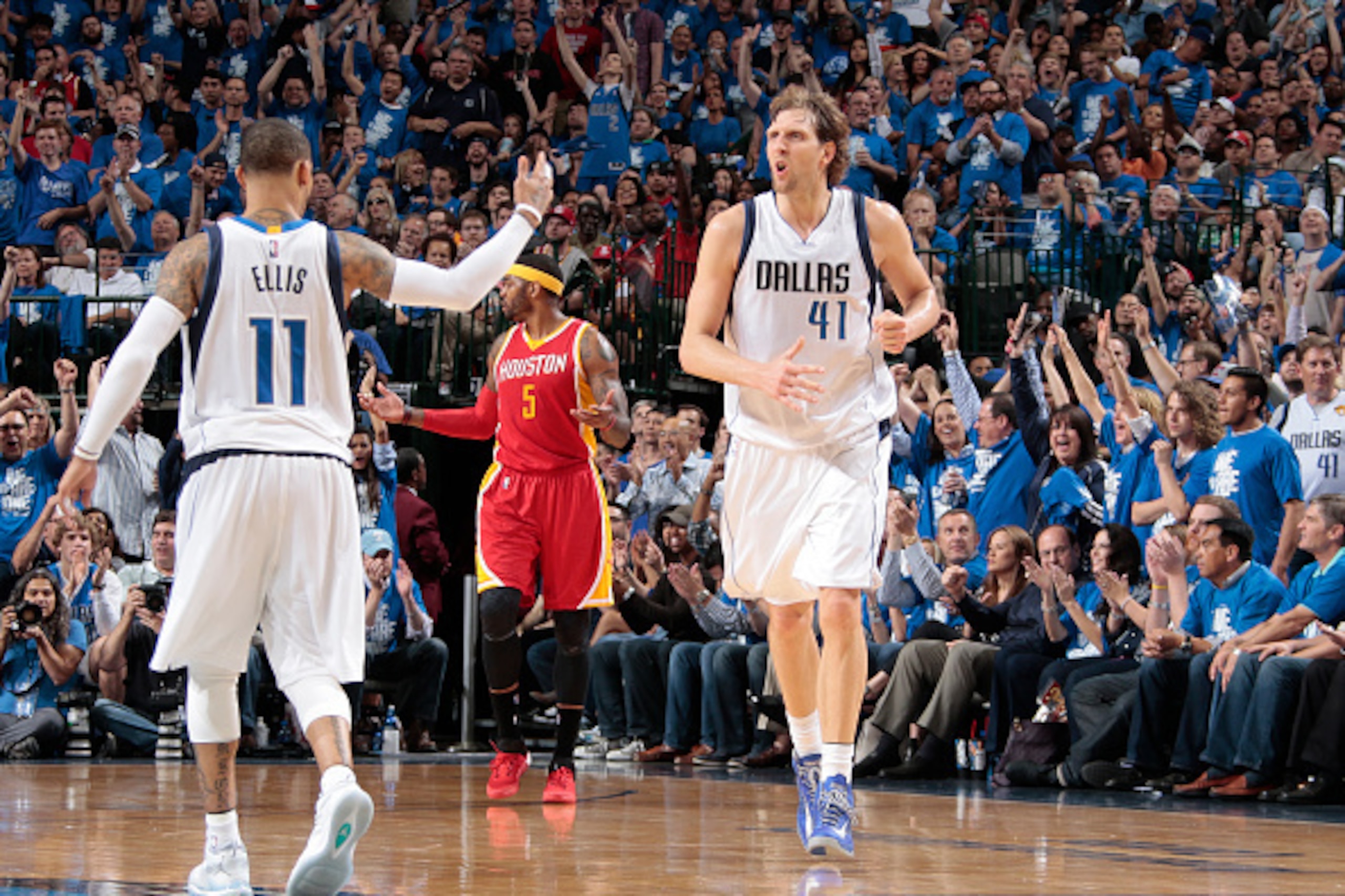 DALLAS, TX - APRIL 26: Dirk Nowitzki #41 and Monta Ellis #11 of the Dallas Mavericks celebrate a made basket against the Houston Rockets during Game Four of the Western Conference Quarterfinals of the 2015 NBA Playoffs on April 26, 2015 at the American Ai DALLAS, TX - APRIL 26: Dirk Nowitzki #41 and Monta Ellis #11 of the Dallas Mavericks celebrate a made basket against the Houston Rockets during Game Four of the Western Conference Quarterfinals of the 2015 NBA Playoffs on April 26, 2015 at the American Ai