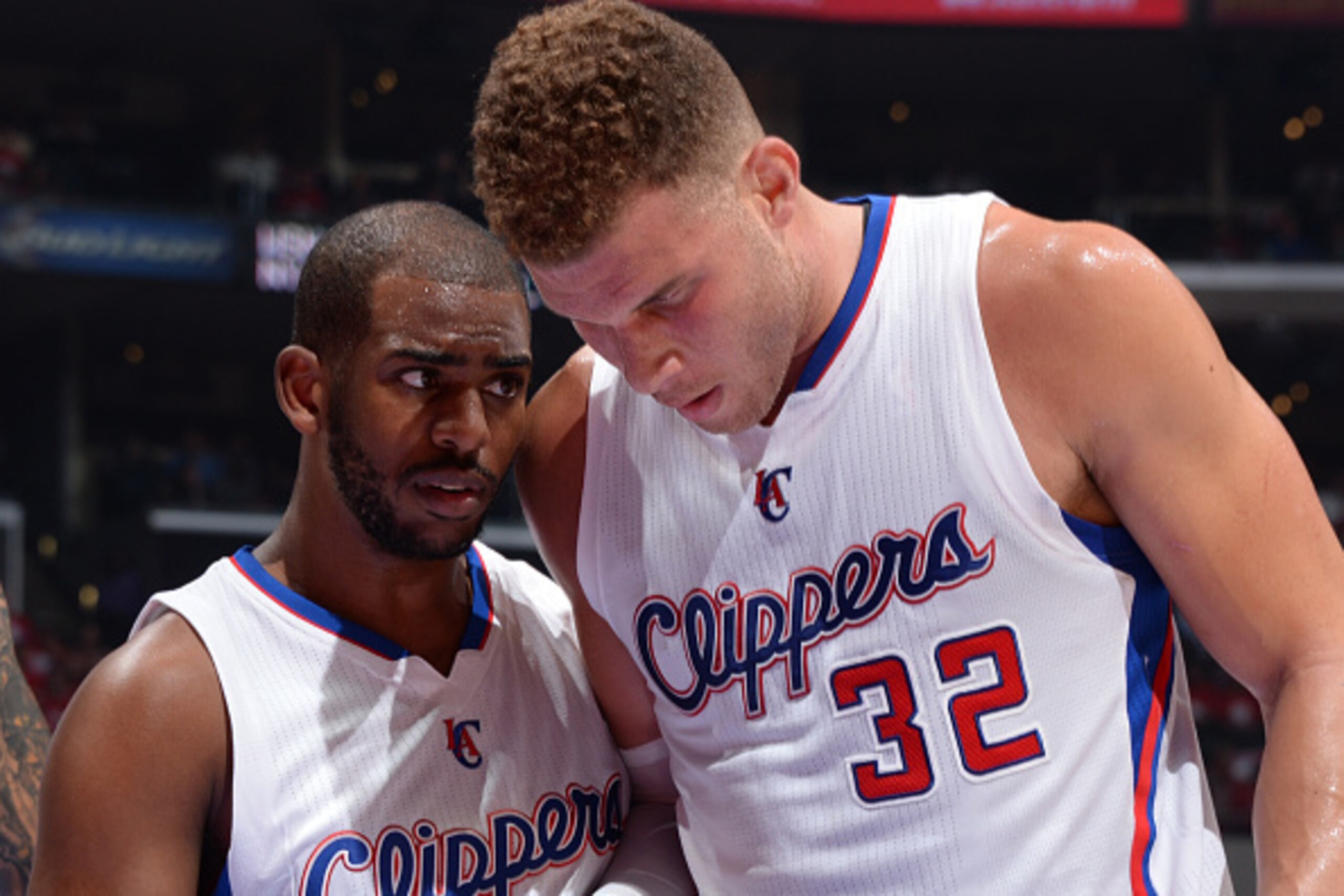 LOS ANGELES, CA - APRIL 19: Chris Paul #3 and Blake Griffin #32 of the Los Angeles Clippers speak during a game against the San Antonio Spurs in Game One of the Western Conference Quarterfinals during the 2015 NBA Playoffs on April 19, 2015 at Staples Cen LOS ANGELES, CA - APRIL 19: Chris Paul #3 and Blake Griffin #32 of the Los Angeles Clippers speak during a game against the San Antonio Spurs in Game One of the Western Conference Quarterfinals during the 2015 NBA Playoffs on April 19, 2015 at Staples Cen