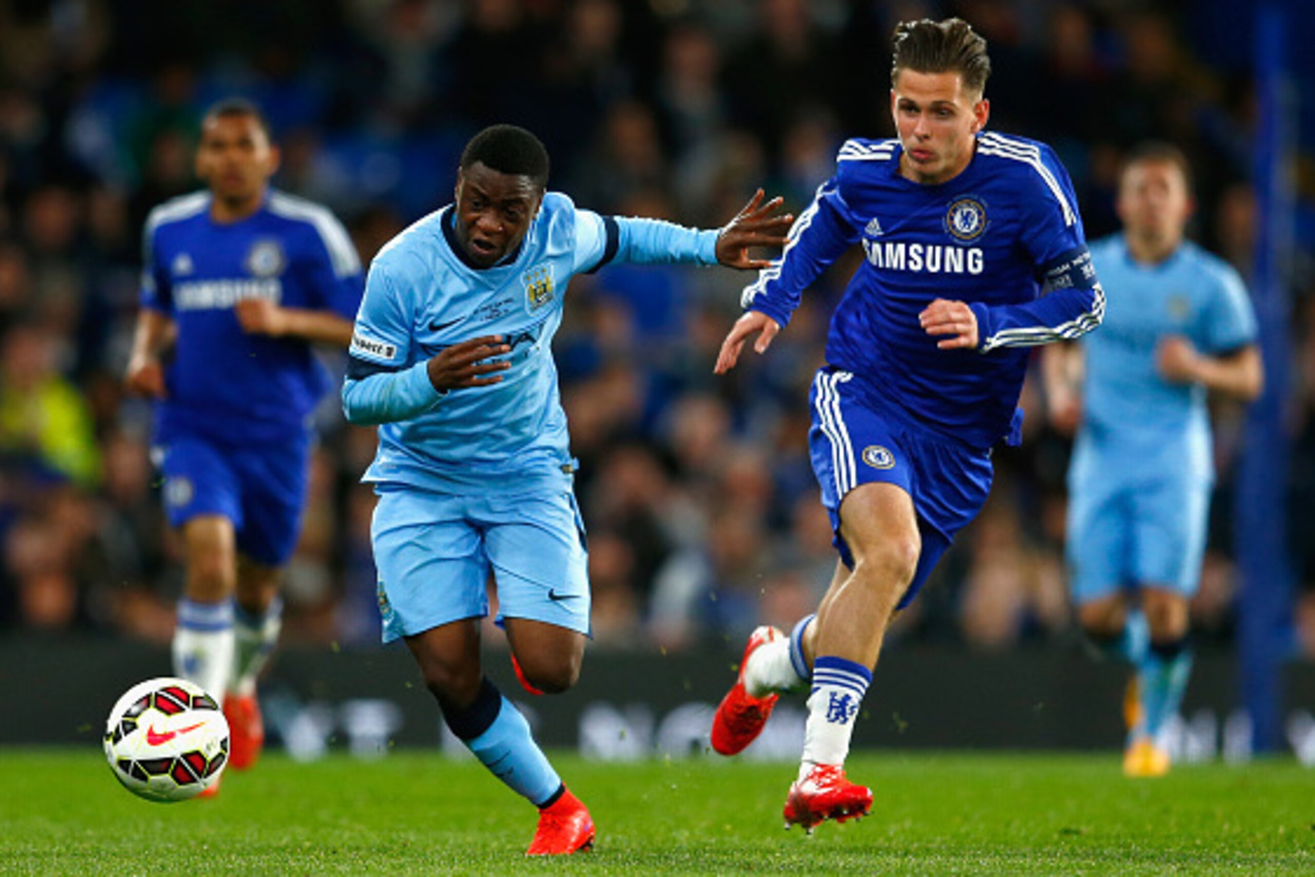 LONDON, ENGLAND - APRIL 27: Aron Nemane of Man City battles with Charlie Colkett of Chelsea during the FA Youth Cup Final second leg match between Chelsea and Manchester City at Stamford Bridge on April 27, 2015 in London, England. (Photo by Julian Finn LONDON, ENGLAND - APRIL 27: Aron Nemane of Man City battles with Charlie Colkett of Chelsea during the FA Youth Cup Final second leg match between Chelsea and Manchester City at Stamford Bridge on April 27, 2015 in London, England. (Photo by Julian Finn