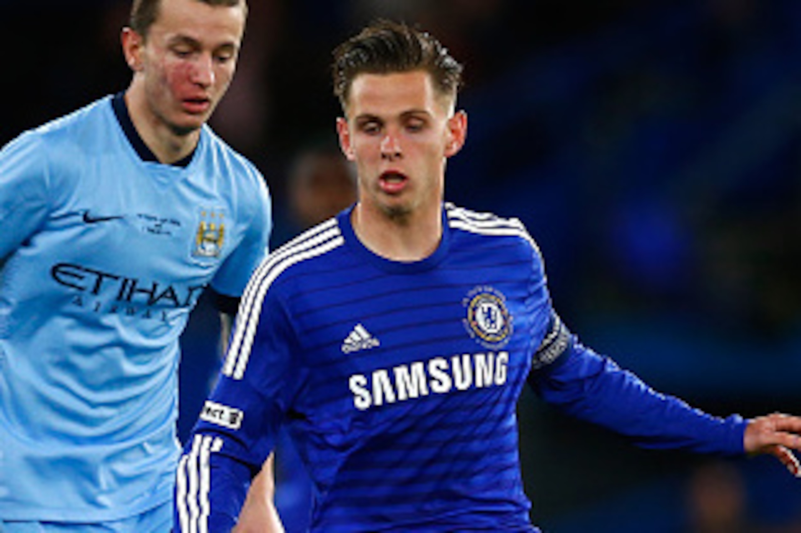 LONDON, ENGLAND - APRIL 27: Bersant Celina of Man City battles with Charlie Colkett of Chelsea during the FA Youth Cup Final second leg match between Chelsea and Manchester City at Stamford Bridge on April 27, 2015 in London, England. (Photo by Julian F LONDON, ENGLAND - APRIL 27: Bersant Celina of Man City battles with Charlie Colkett of Chelsea during the FA Youth Cup Final second leg match between Chelsea and Manchester City at Stamford Bridge on April 27, 2015 in London, England. (Photo by Julian F