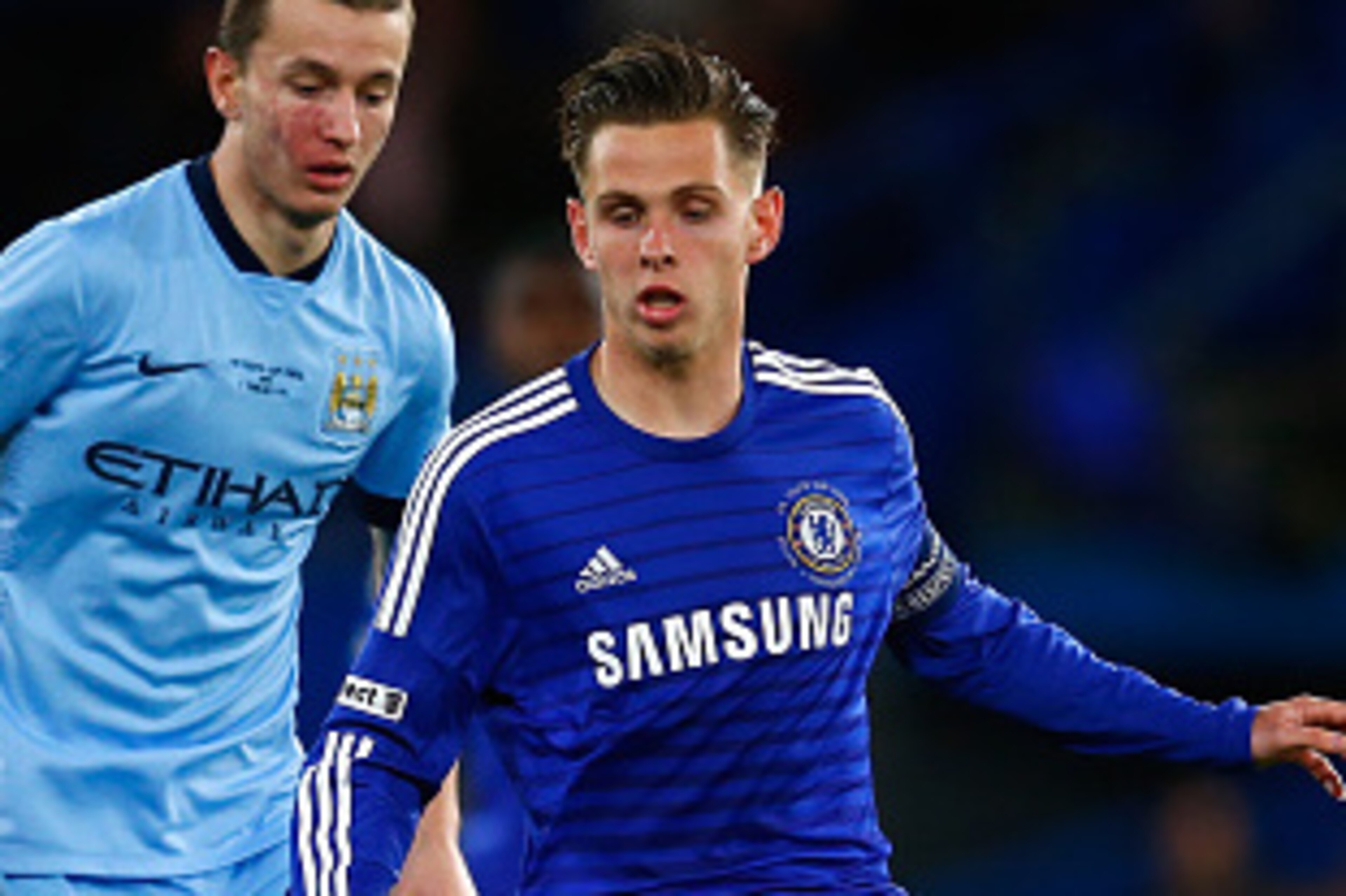 LONDON, ENGLAND - APRIL 27:  Bersant Celina of Man City battles with Charlie Colkett of Chelsea during the FA Youth Cup Final second leg match between Chelsea and Manchester City at Stamford Bridge on April 27, 2015 in London, England.  (Photo by Julian F