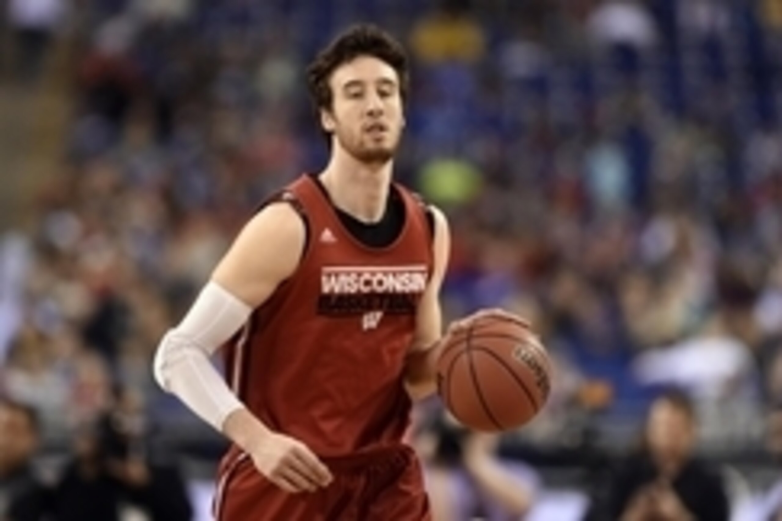 Apr 3, 2015; Indianapolis, IN, USA; Wisconsin Badgers forward Frank Kaminsky during practice for the 2015 NCAA Men's Division I Championship semi-final game at Lucas Oil Stadium. Mandatory Credit: Bob Donnan-USA TODAY Sports