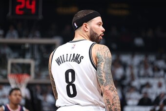 BROOKLYN, NY - APRIL 27: Deron Williams #8 of the Brooklyn Nets during Game Four of the Eastern Conference Quarterfinals  against the Atlanta Hawks during the NBA Playoffs on April 27, 2015 at Barclays Center in Brooklyn, NY. NOTE TO USER: User expressly 