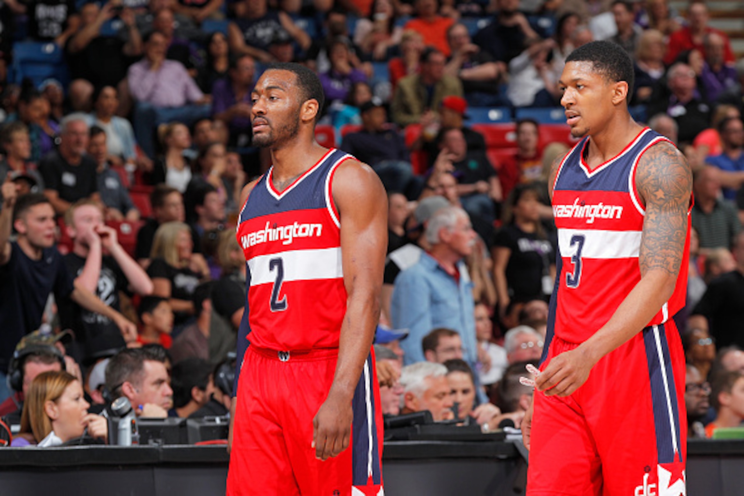 SACRAMENTO, CA - MARCH 22: John Wall #2 and Bradley Beal #3 of the Washington Wizards face off against the Sacramento Kings on March 22, 2015 at Sleep Train Arena in Sacramento, California. NOTE TO USER: User expressly acknowledges and agrees that, by dow