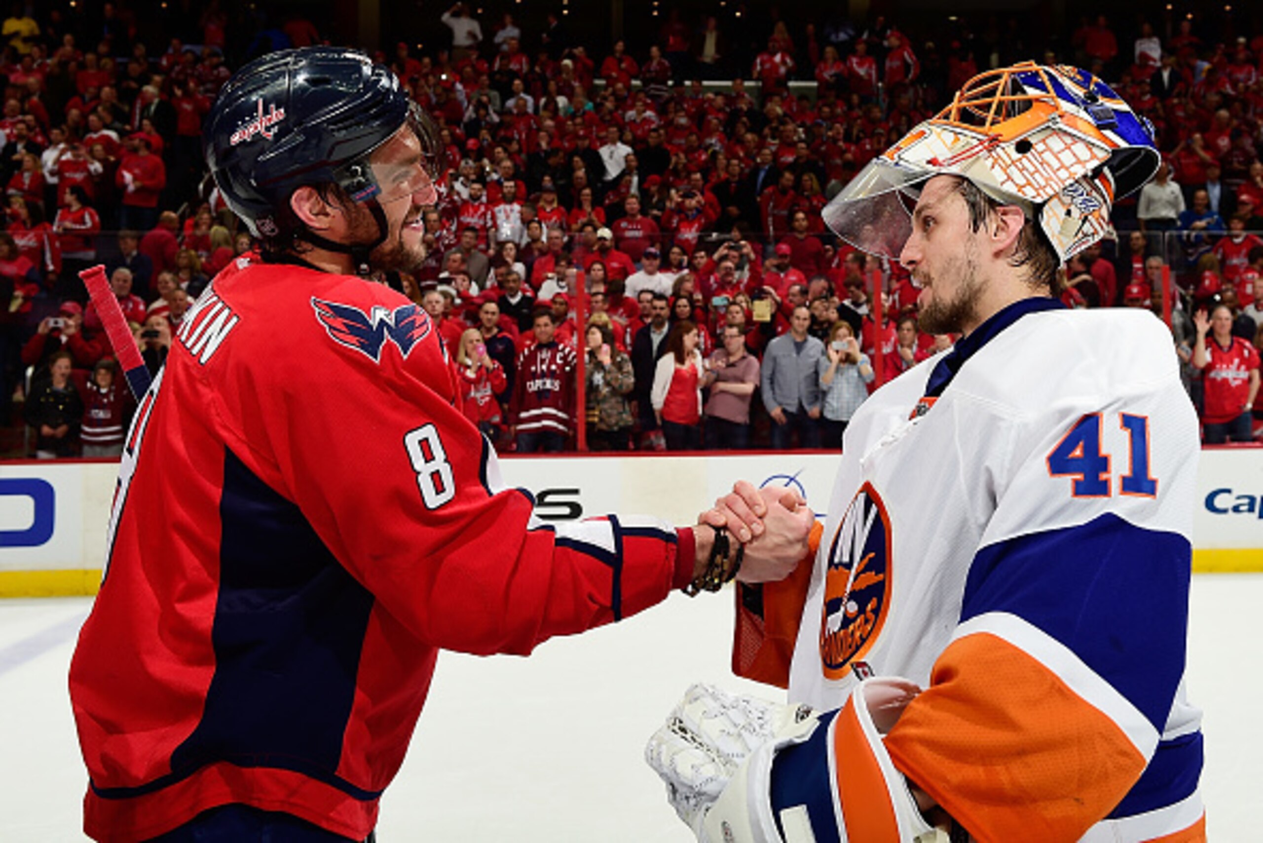 WASHINGTON, DC - APRIL 27:  Alex Ovechkin #8 of the Washington Capitals and Jaroslav Halak #41 of the New York Islanders shake hands following the Capitals victory over the Islanders in Game Seven of the Eastern Conference Quarterfinals during the 2015 NH