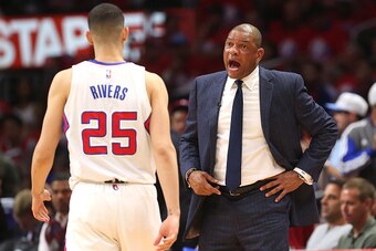 LOS ANGELES, CA - APRIL 19:  Head coach Doc Rivers of the Los Angeles Clippers shouts to Austin Rivers #25 in the game against the San Antonio Spurs during Game One of the Western Conference quarterfinals of the 2015 NBA Playoffs at Staples Center on Apri