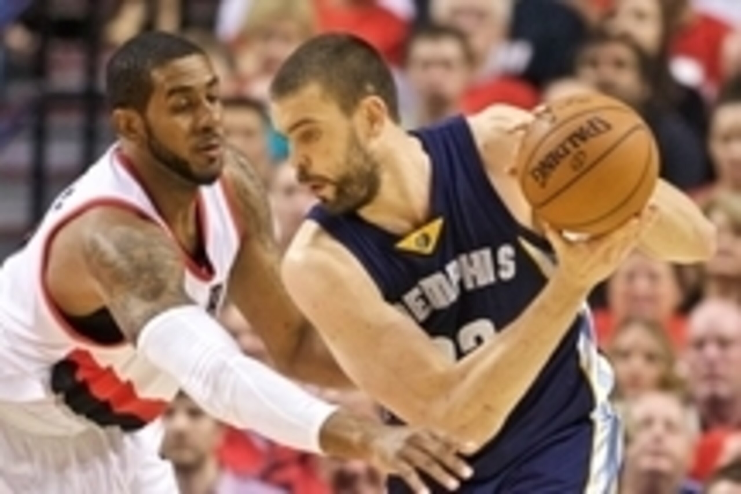 Apr 27, 2015; Portland, OR, USA; Memphis Grizzlies center Marc Gasol (33) posts up against Portland Trail Blazers forward LaMarcus Aldridge (12) during the first quarter in game four of the first round of the NBA Playoffs at the Moda Center. Mandatory Cre Apr 27, 2015; Portland, OR, USA; Memphis Grizzlies center Marc Gasol (33) posts up against Portland Trail Blazers forward LaMarcus Aldridge (12) during the first quarter in game four of the first round of the NBA Playoffs at the Moda Center. Mandatory Cre