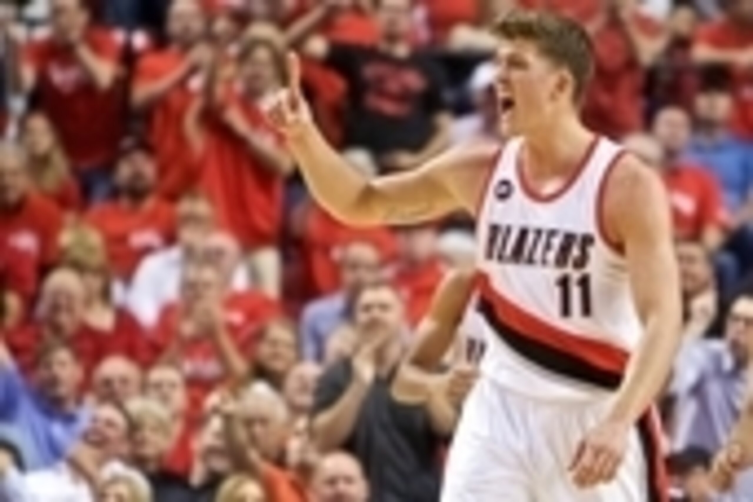 Apr 27, 2015; Portland, OR, USA; Portland Trail Blazers center Meyers Leonard (11) reacts after making a basket against the Memphis Grizzlies during the second quarter in game four of the first round of the NBA Playoffs at the Moda Center. Mandatory Credi Apr 27, 2015; Portland, OR, USA; Portland Trail Blazers center Meyers Leonard (11) reacts after making a basket against the Memphis Grizzlies during the second quarter in game four of the first round of the NBA Playoffs at the Moda Center. Mandatory Credi