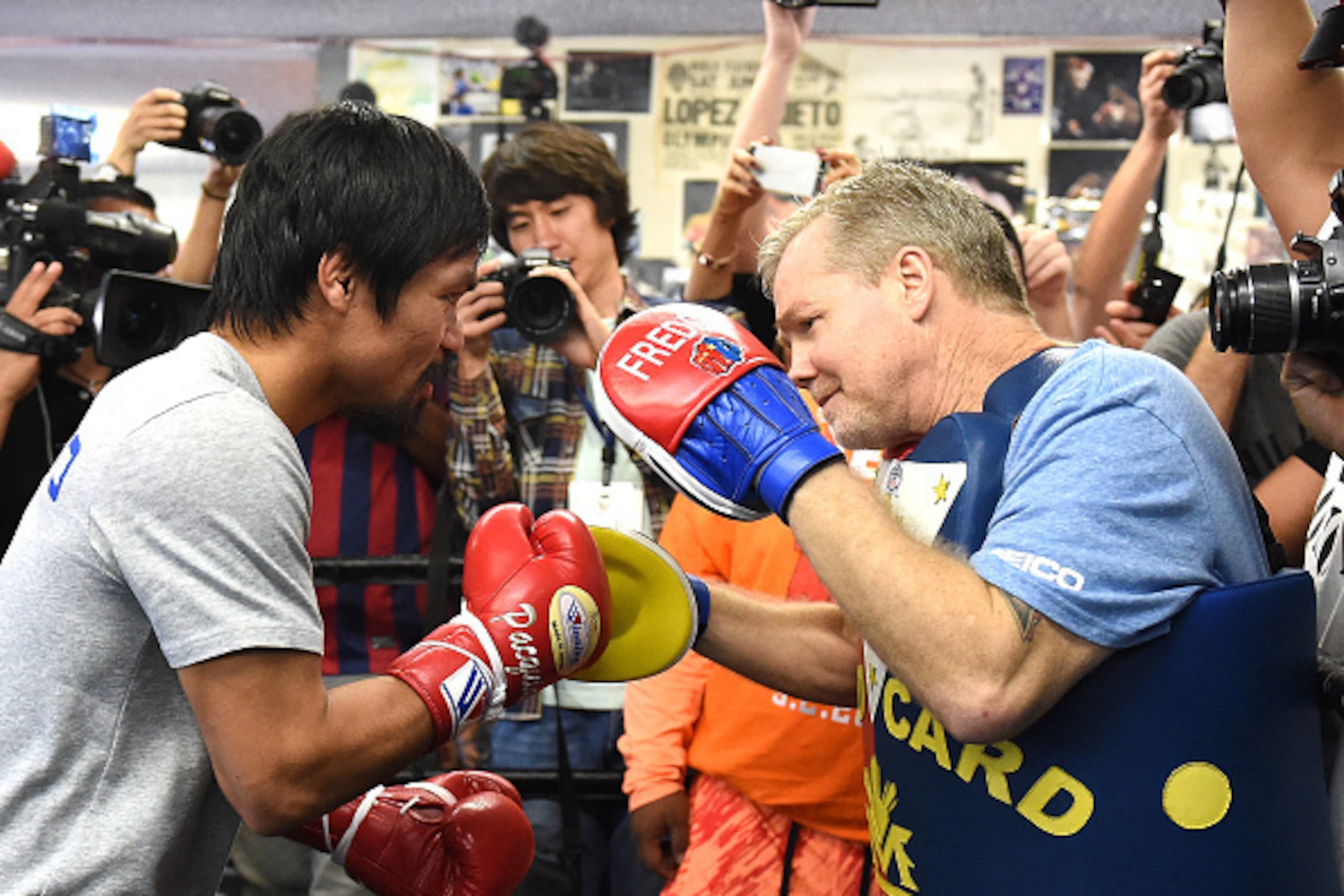 LOS ANGELES, CA - APRIL 15:  Manny Pacquiao trains with Freddie Roach in preparation for his fight against Floyd Mayweather Jr. at Wild Card Boxing Club on April 15, 2015 in Los Angeles, California.  (Photo by Harry How/Getty Images)
