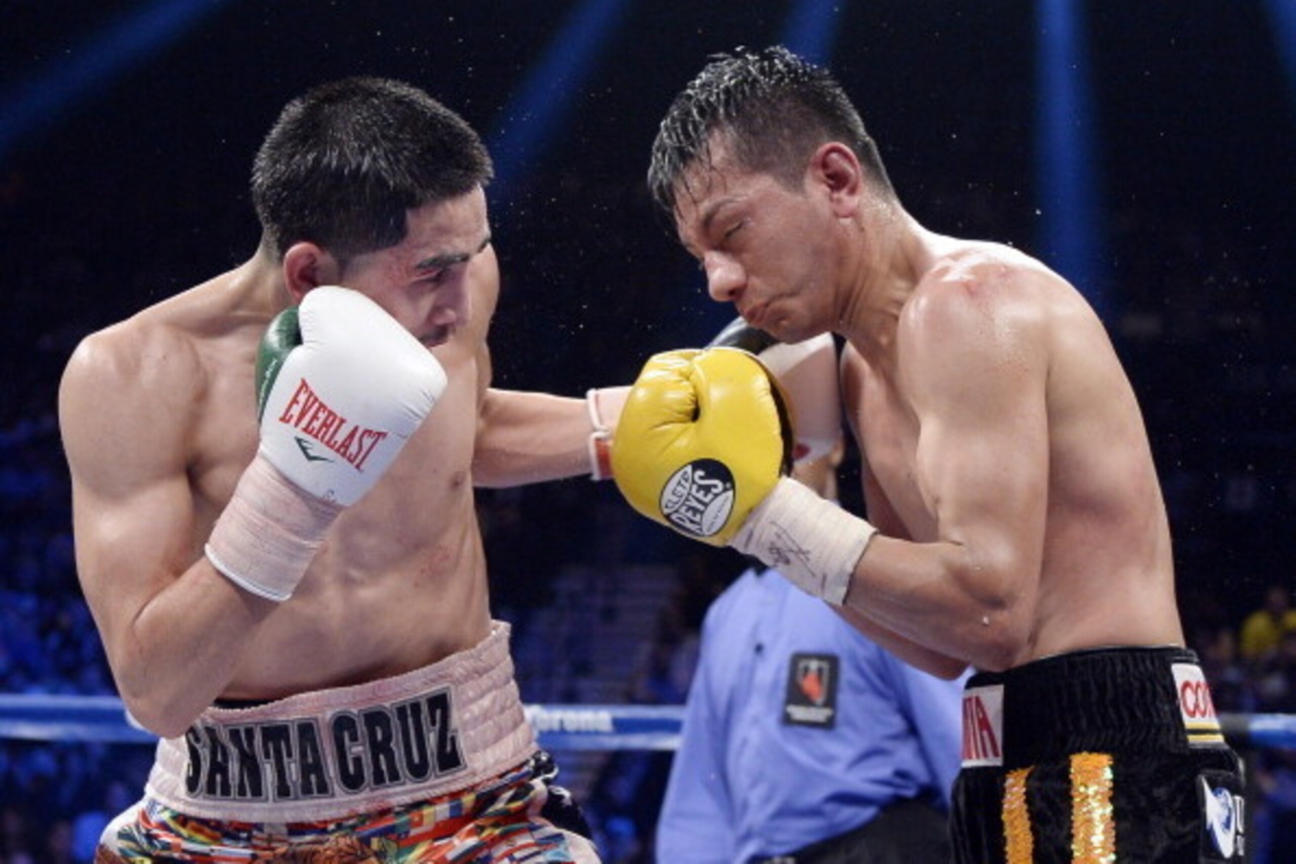LAS VEGAS-NV-MARCH 8: Leo Santa Cruz (L) throws a punch against Cristian Mijares during the WBC super bantamweight title bout at the MGM Grand Garden March 8, 2014, in Las Vegas, Nevada. (Photo by Kevork Djansezian/Getty Images)